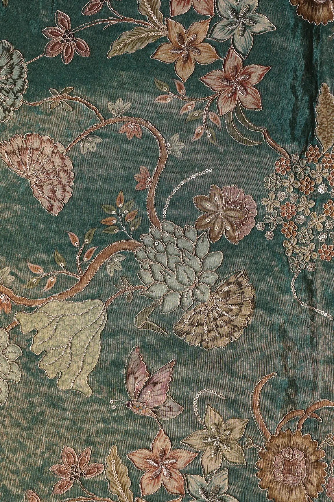 Floral Positional Print On Sequins With Zari Embroidery Peacock Green Shiny Viscose Zari Tissue Fabric