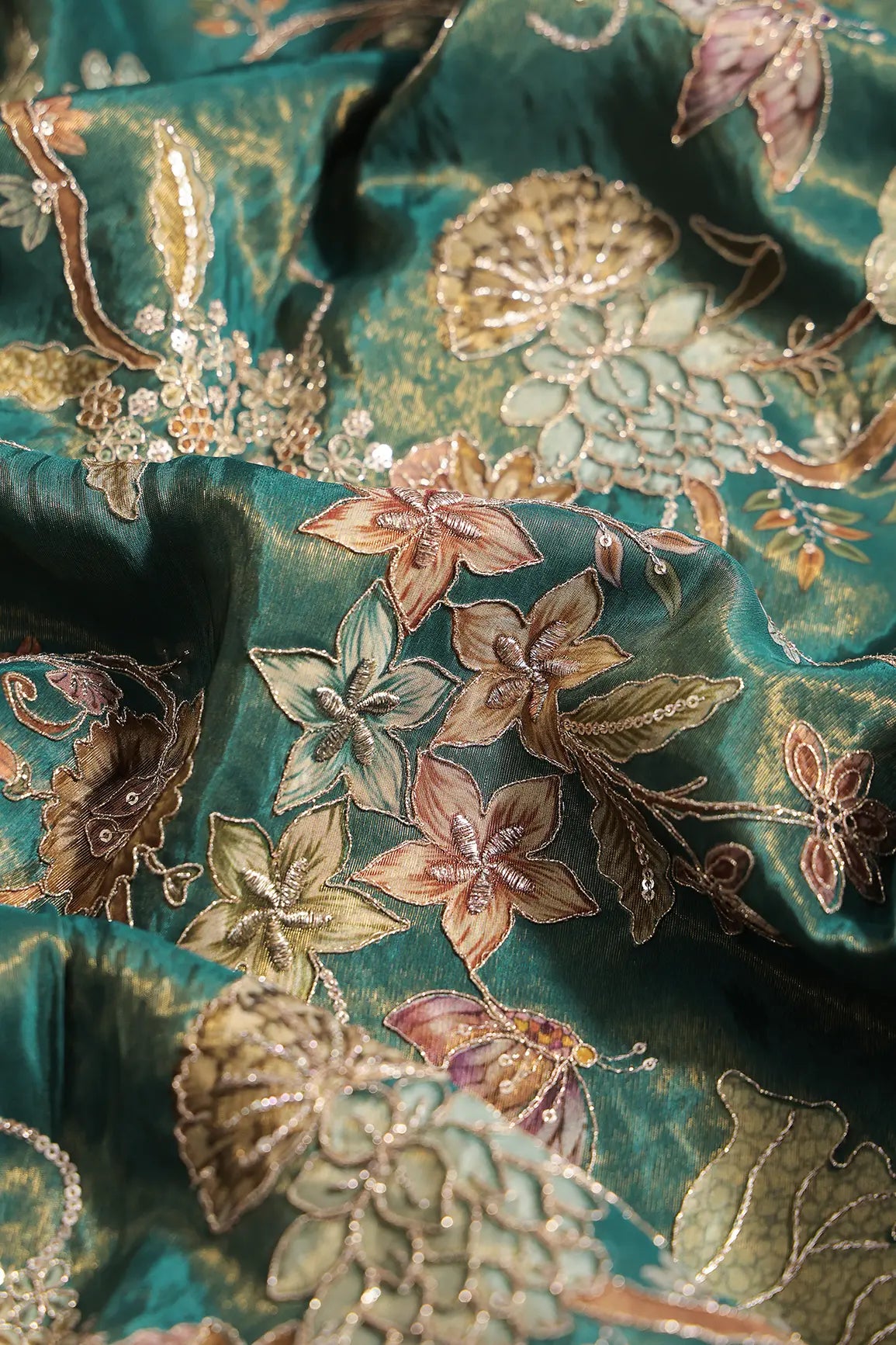 Floral Positional Print On Sequins With Zari Embroidery Peacock Green Shiny Viscose Zari Tissue Fabric
