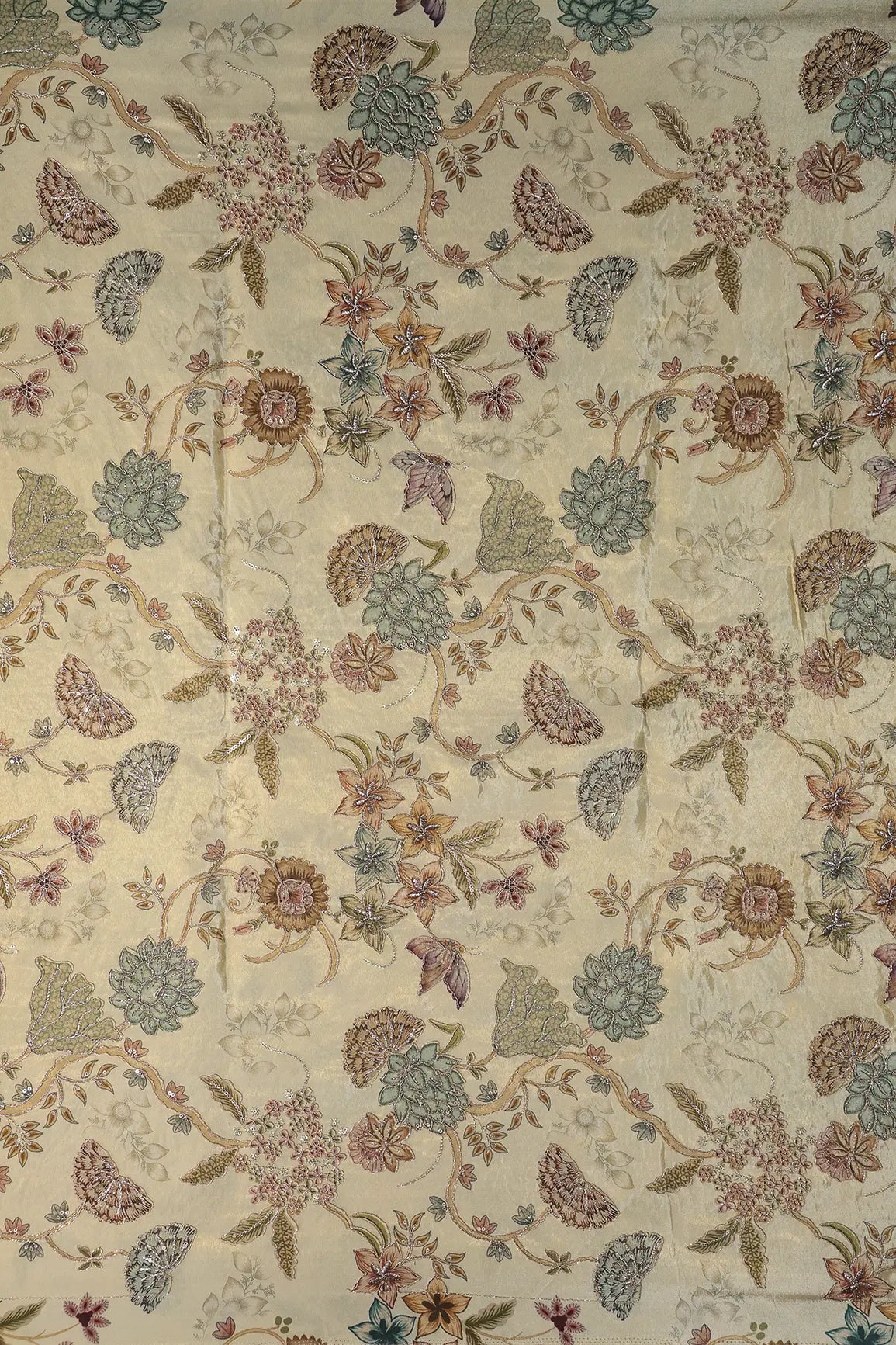 Floral Positional Print On Sequins With Zari Embroidery Cream Shiny Viscose Zari Tissue Fabric