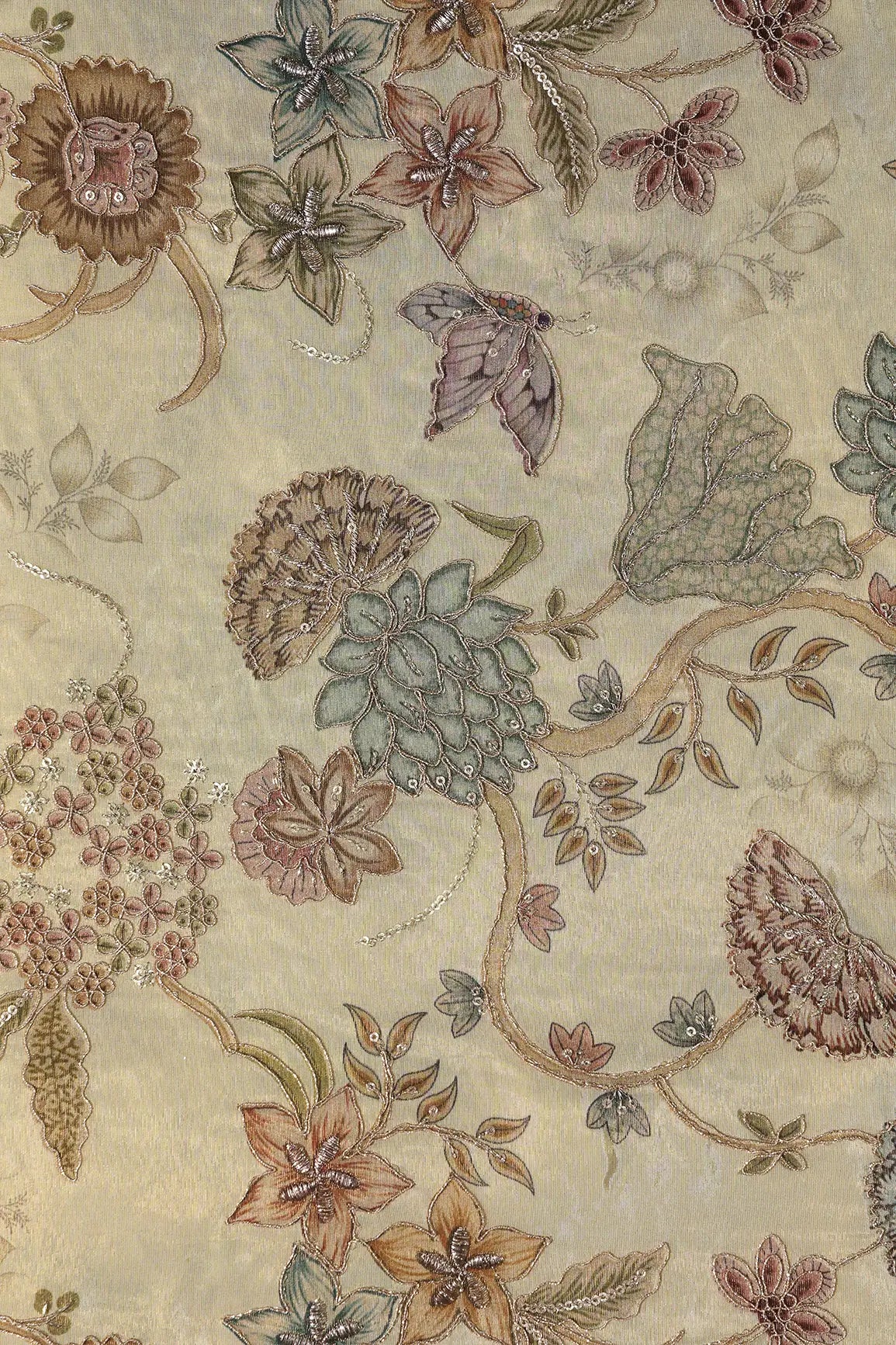 Floral Positional Print On Sequins With Zari Embroidery Cream Shiny Viscose Zari Tissue Fabric