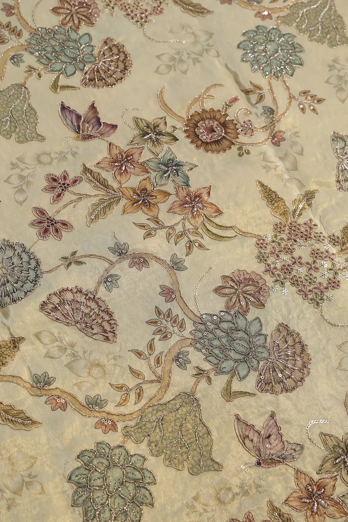 Floral Positional Print On Sequins With Zari Embroidery Cream Shiny Viscose Zari Tissue Fabric