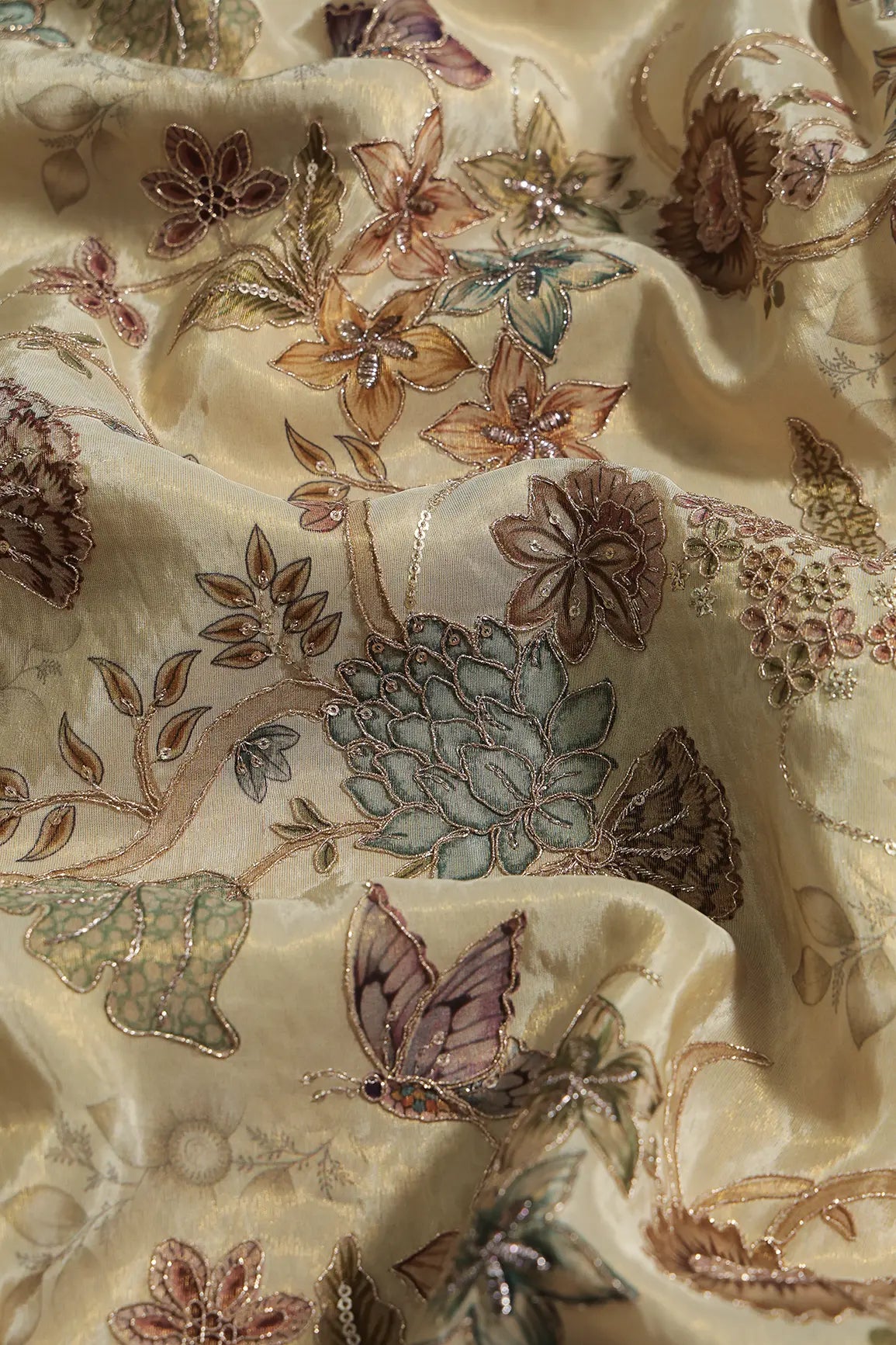 Floral Positional Print On Sequins With Zari Embroidery Cream Shiny Viscose Zari Tissue Fabric