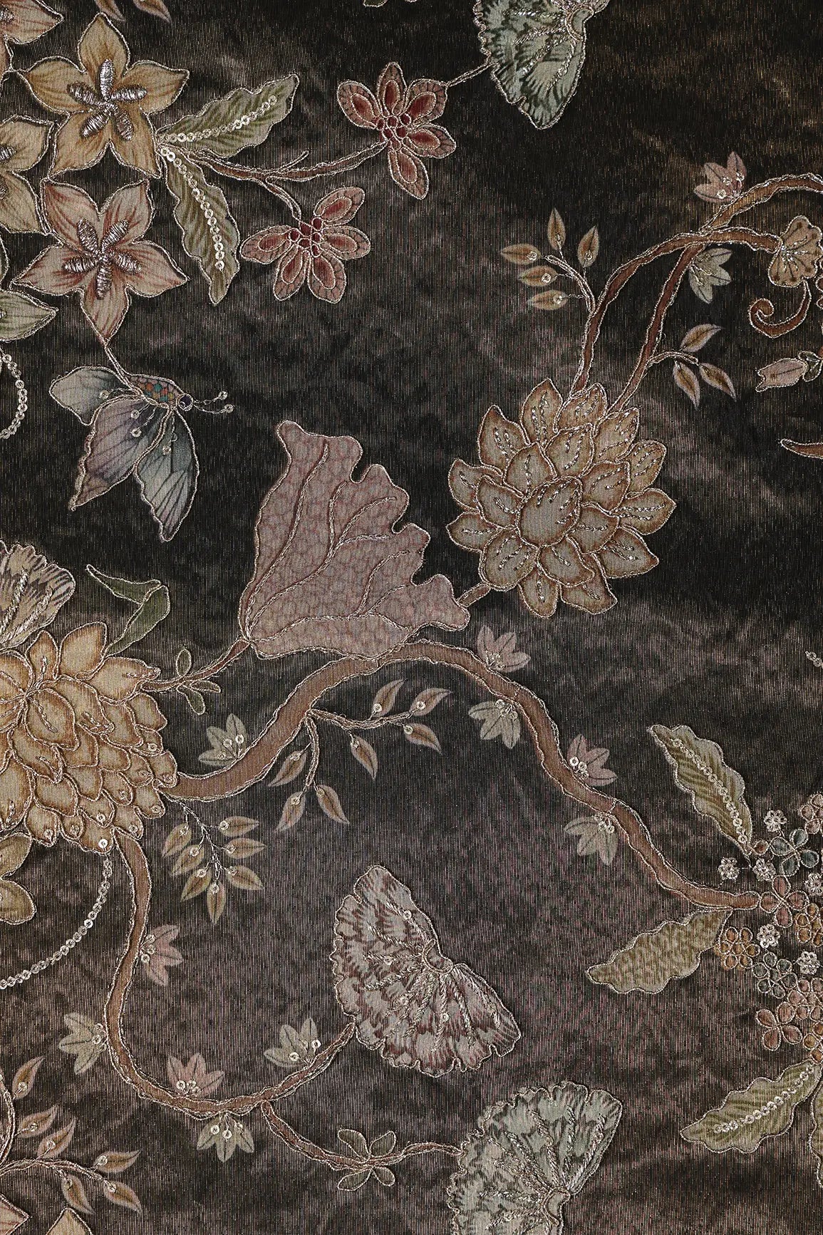 Floral Positional Print On Sequins With Zari Embroidery Dark Mehendi Green Shiny Viscose Zari Tissue Fabric