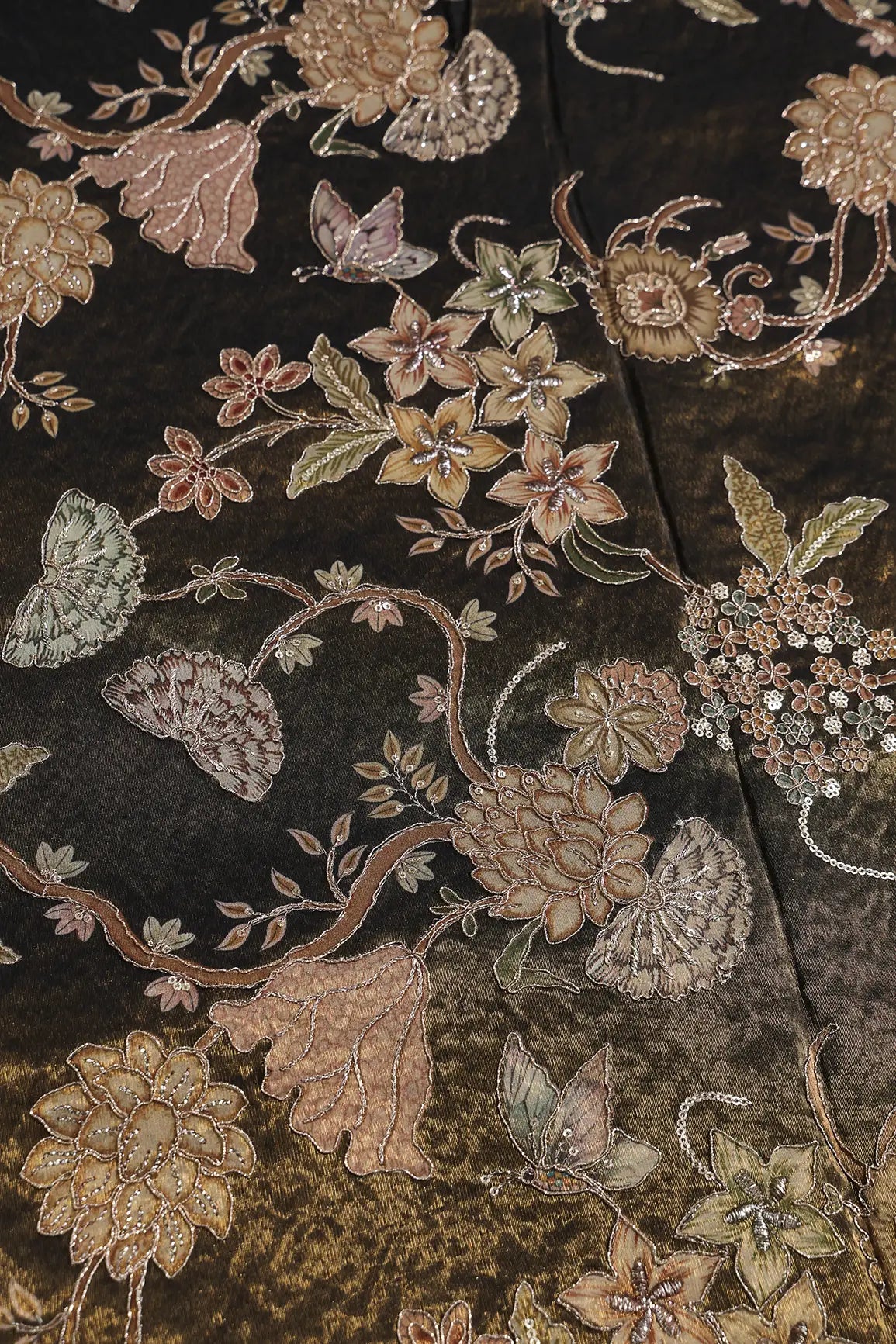 Floral Positional Print On Sequins With Zari Embroidery Dark Mehendi Green Shiny Viscose Zari Tissue Fabric