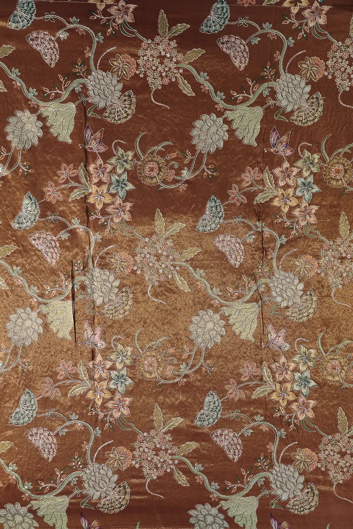 Floral Positional Print On Sequins With Zari Embroidery Copper Shiny Viscose Zari Tissue Fabric
