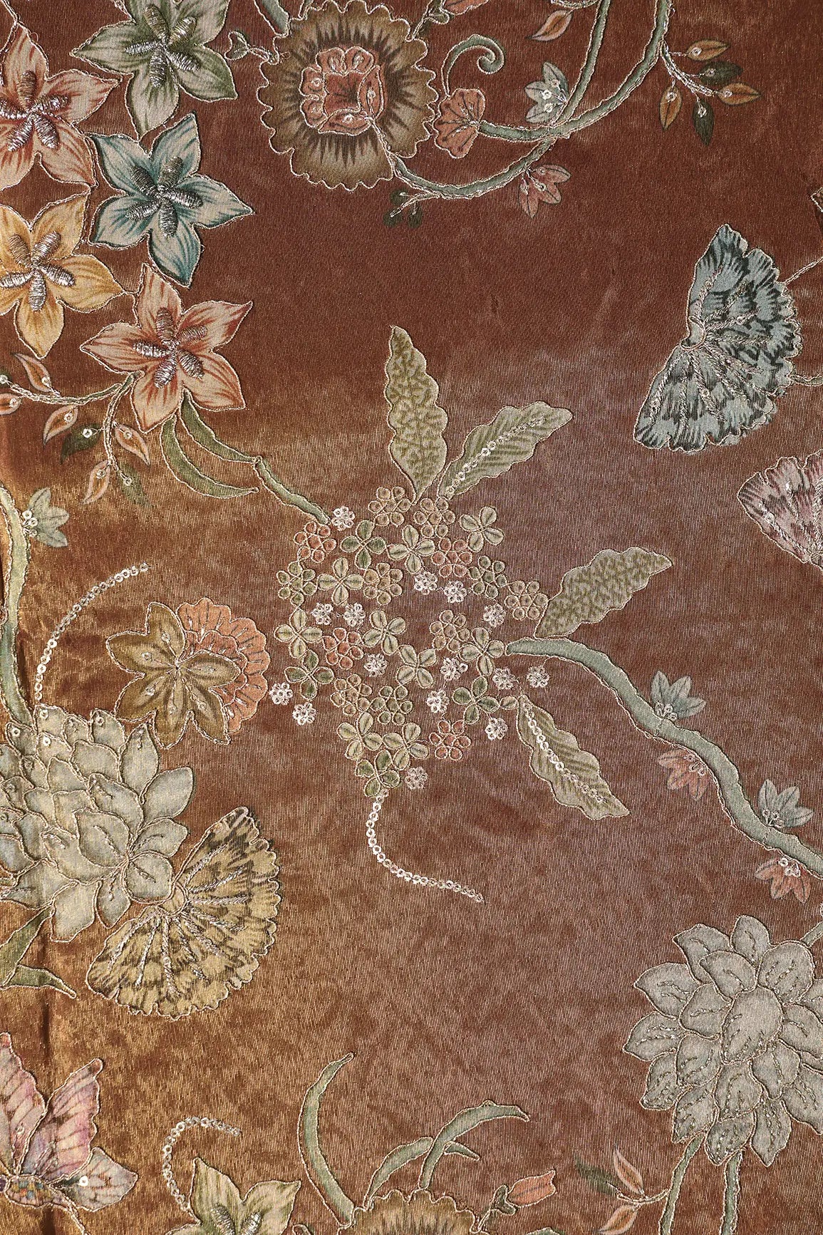 Floral Positional Print On Sequins With Zari Embroidery Copper Shiny Viscose Zari Tissue Fabric