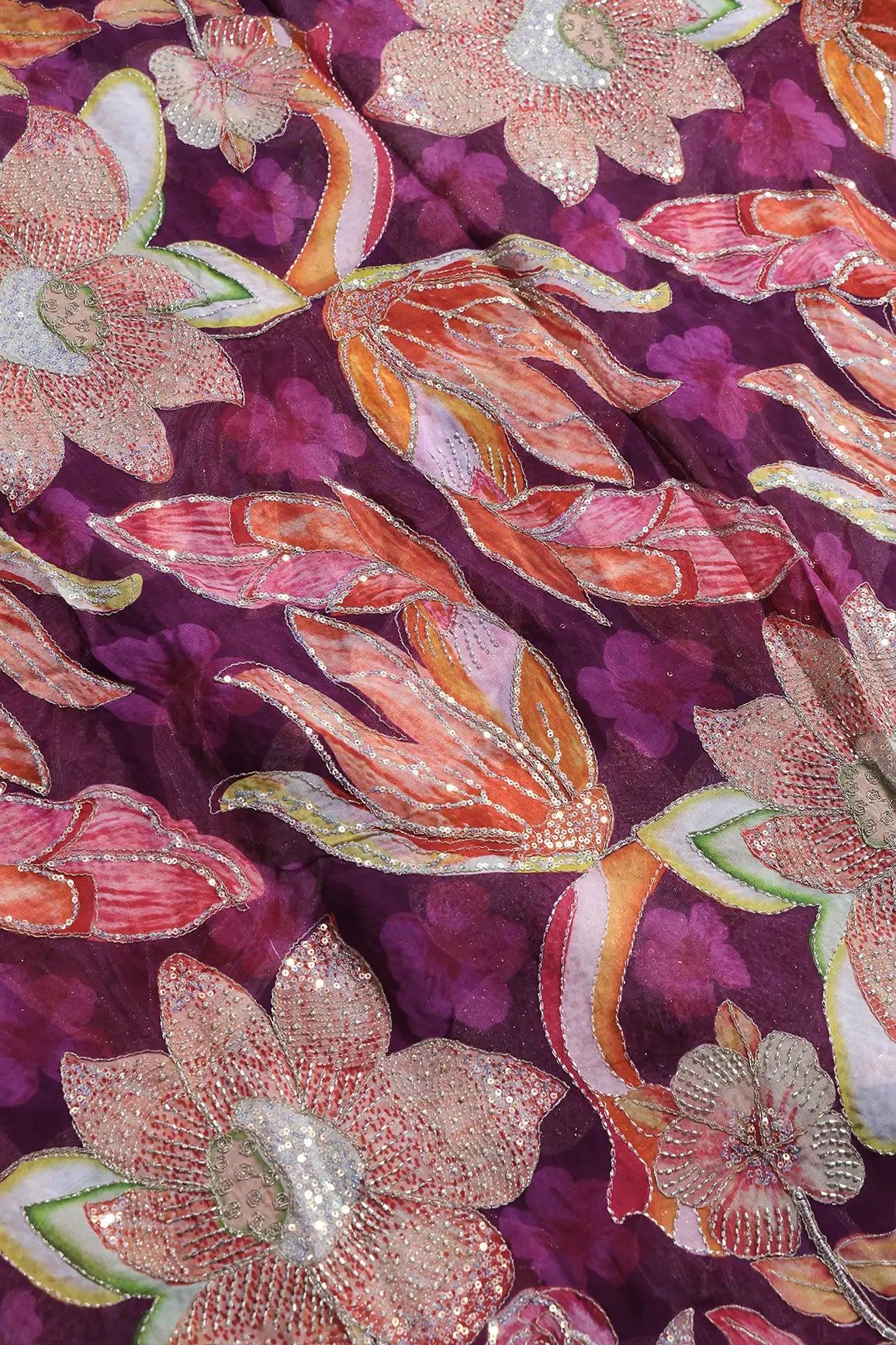 Floral Positional Print On Gold Beads Sequins With Zari Embroidery Work On Wine Viscose Organza Fabric