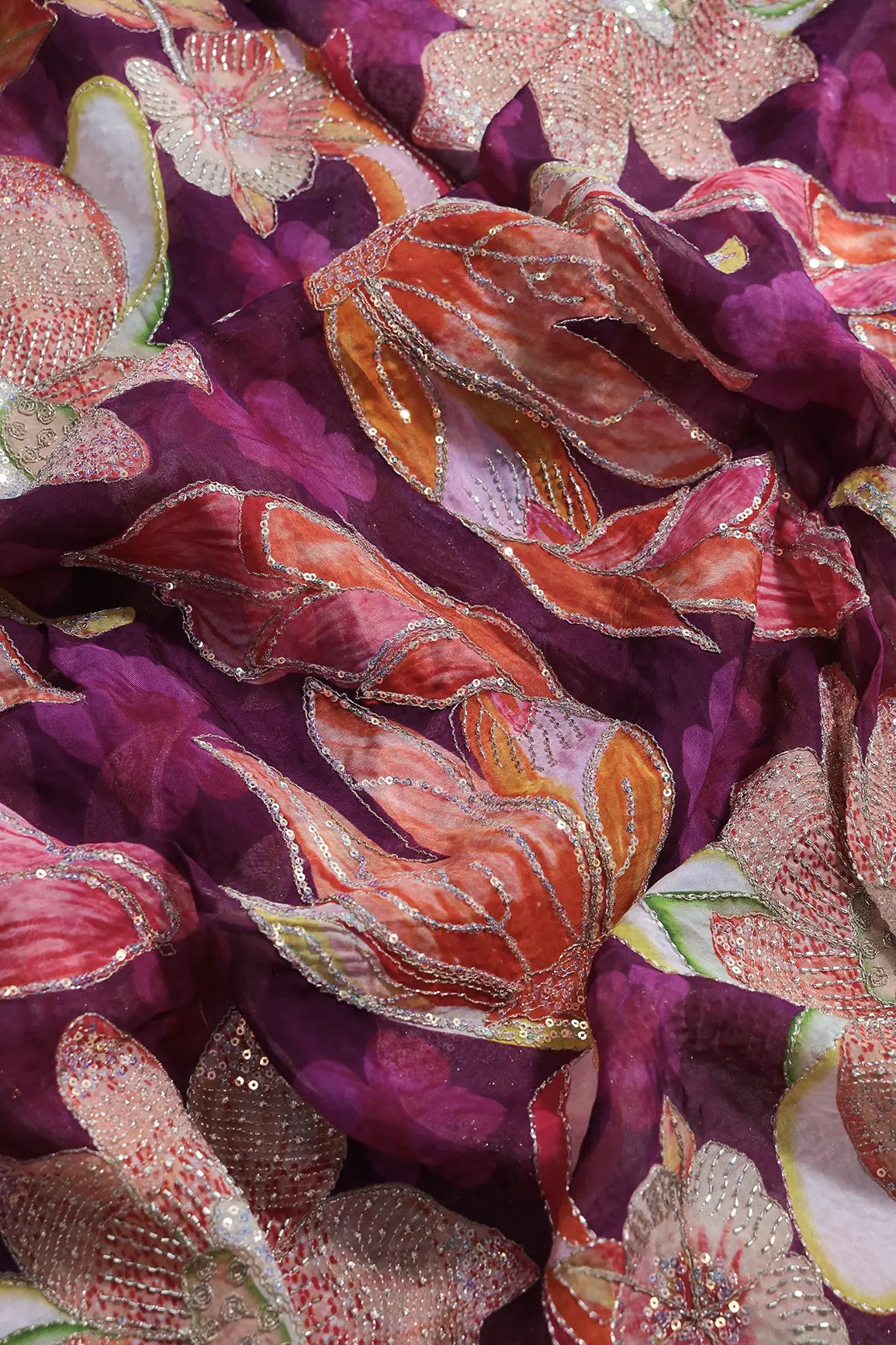 Floral Positional Print On Gold Beads Sequins With Zari Embroidery Work On Wine Viscose Organza Fabric