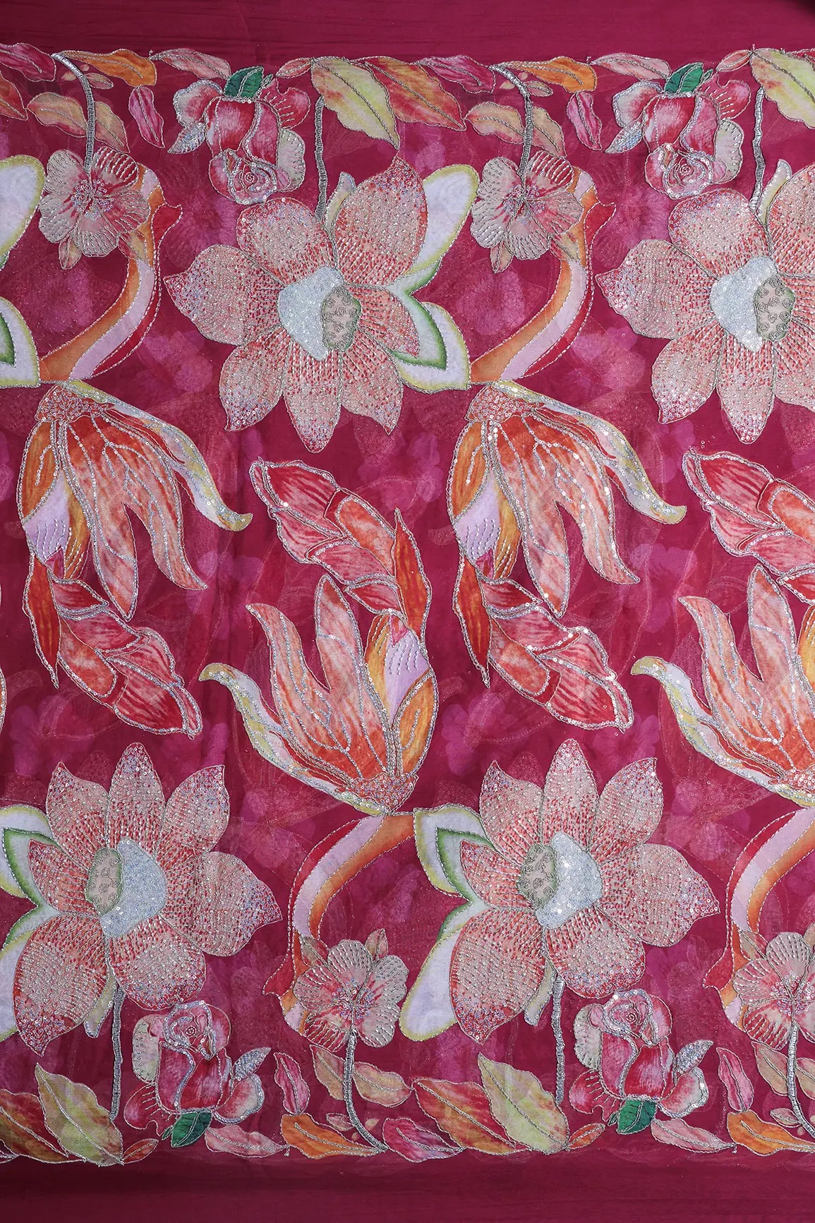 Floral Positional Print On Gold Beads Sequins With Zari Embroidery Work On Rani Viscose Organza Fabric