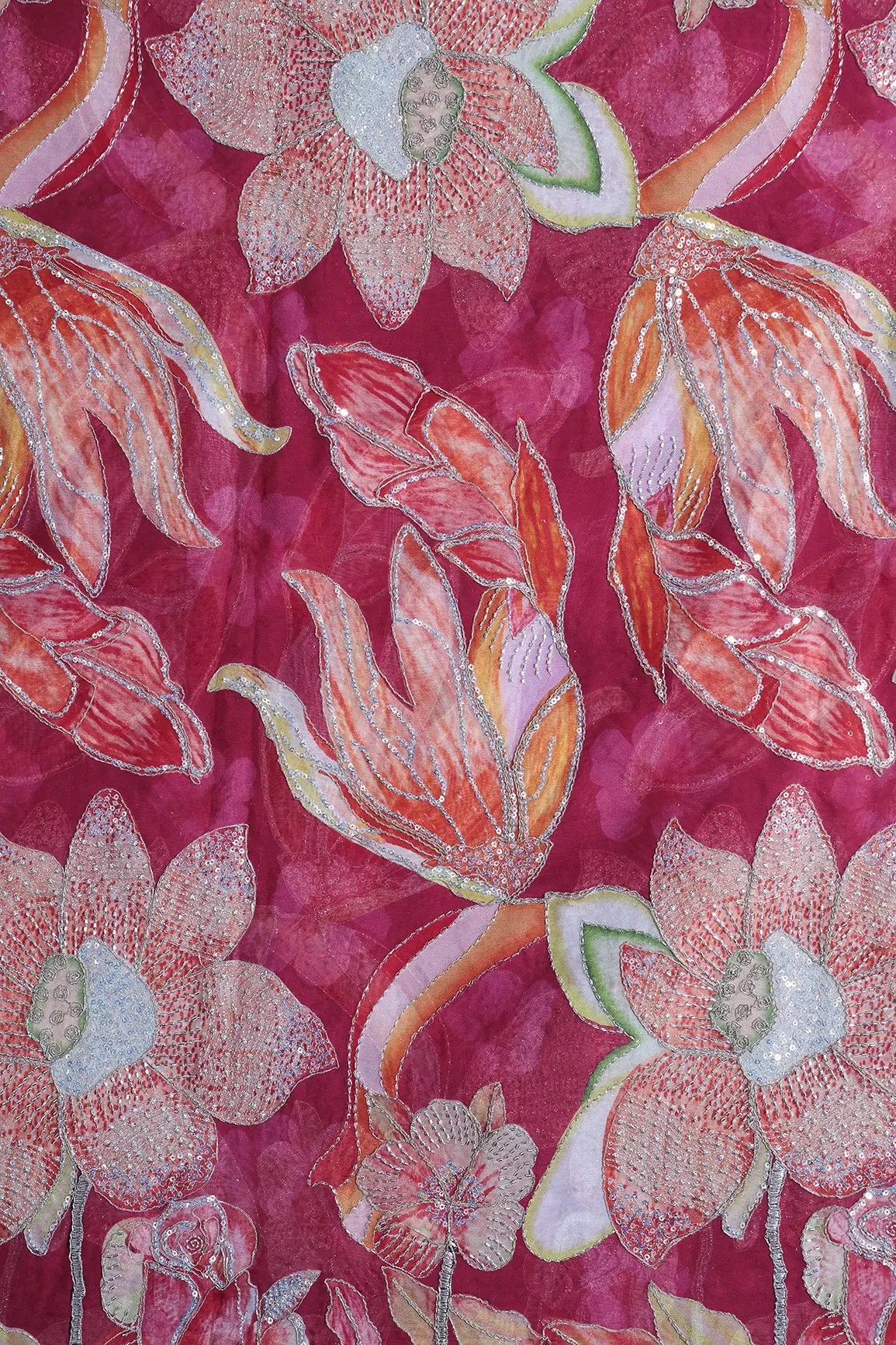 Floral Positional Print On Gold Beads Sequins With Zari Embroidery Work On Rani Viscose Organza Fabric