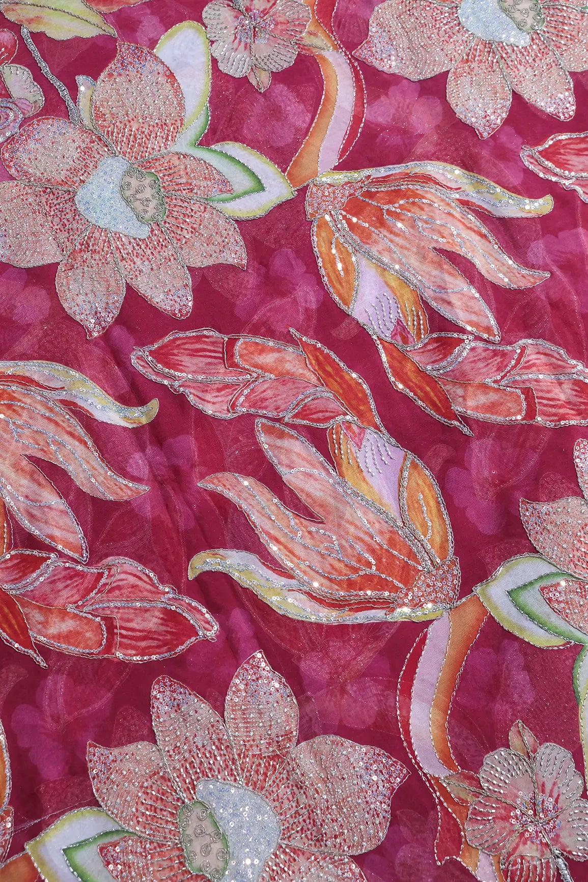 Floral Positional Print On Gold Beads Sequins With Zari Embroidery Work On Rani Viscose Organza Fabric