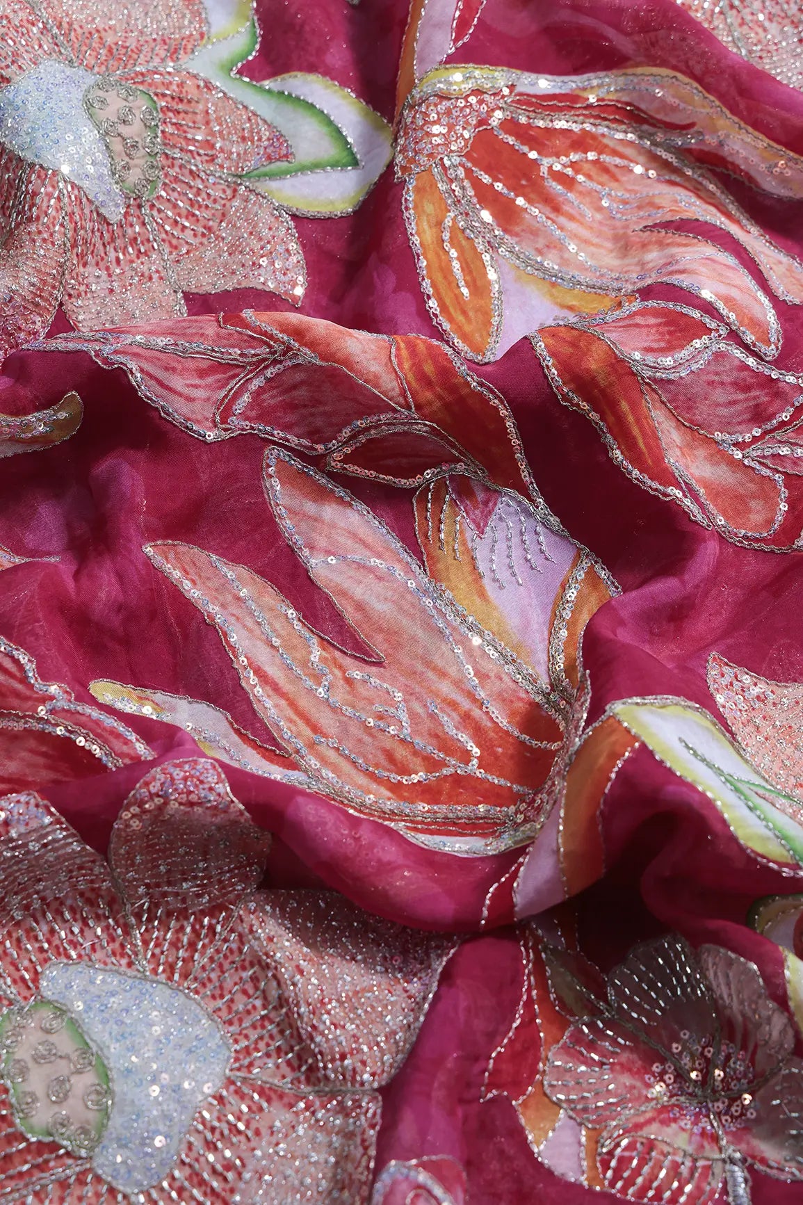 Floral Positional Print On Gold Beads Sequins With Zari Embroidery Work On Rani Viscose Organza Fabric