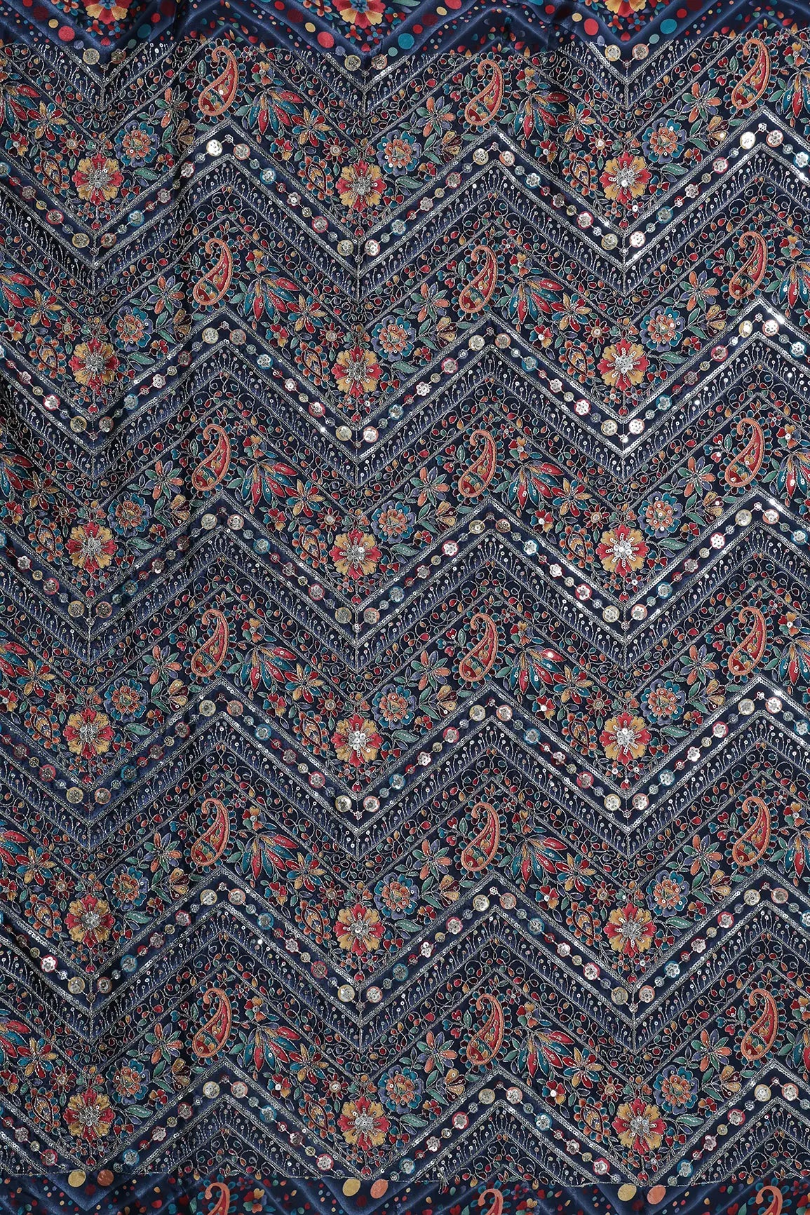 Zari & Sequins With Multi Color Chevron Print Heavy Embroidery Work On Navy Blue Pure Crepe Fabric