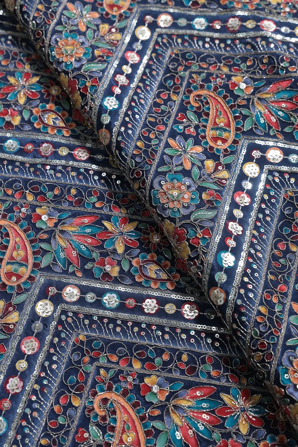 Zari & Sequins With Multi Color Chevron Print Heavy Embroidery Work On Navy Blue Pure Crepe Fabric