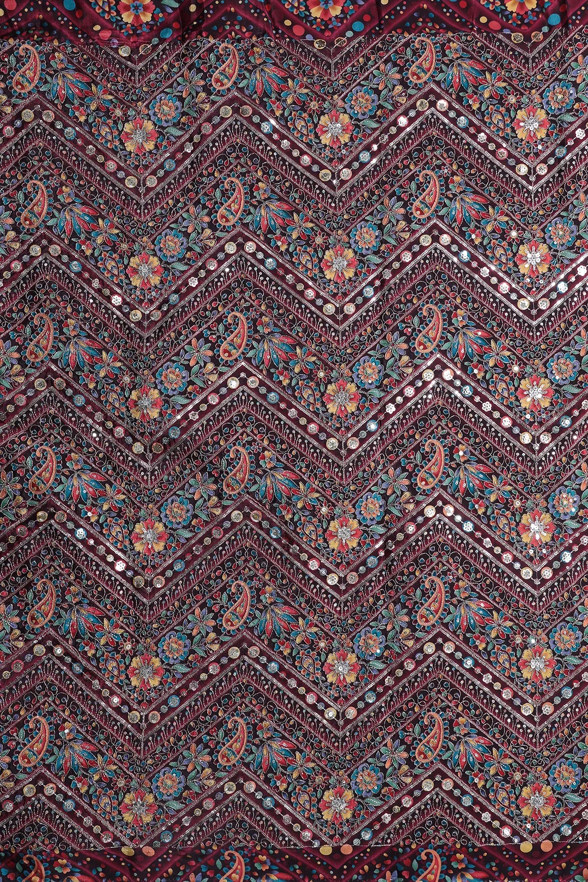 Zari & Sequins With Multi Color Chevron Print Heavy Embroidery Work On Maroon Pure Crepe Fabric
