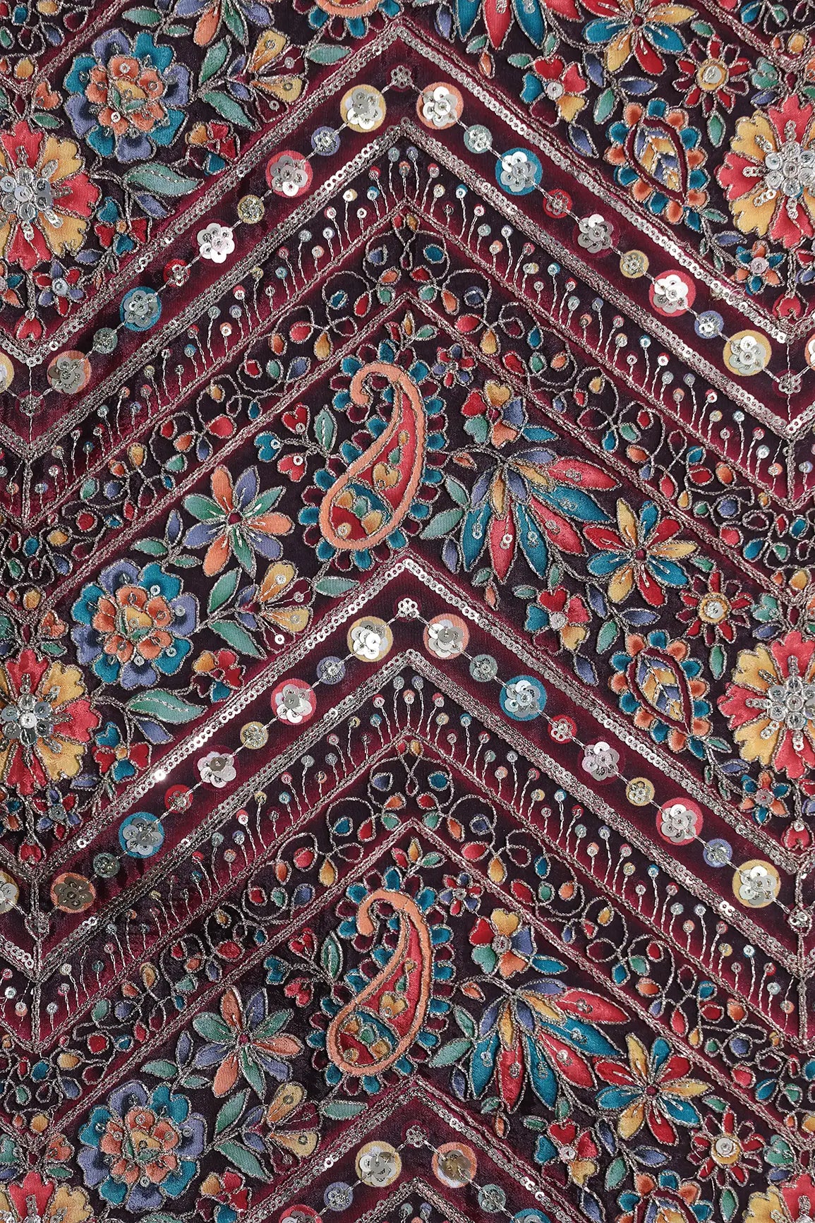 Zari & Sequins With Multi Color Chevron Print Heavy Embroidery Work On Maroon Pure Crepe Fabric