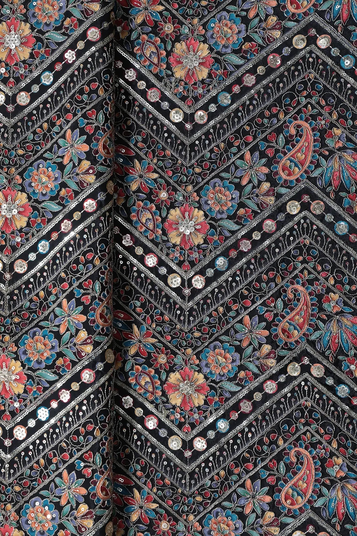 Zari & Sequins With Multi Color Chevron Print Heavy Embroidery Work On Black Pure Crepe Fabric