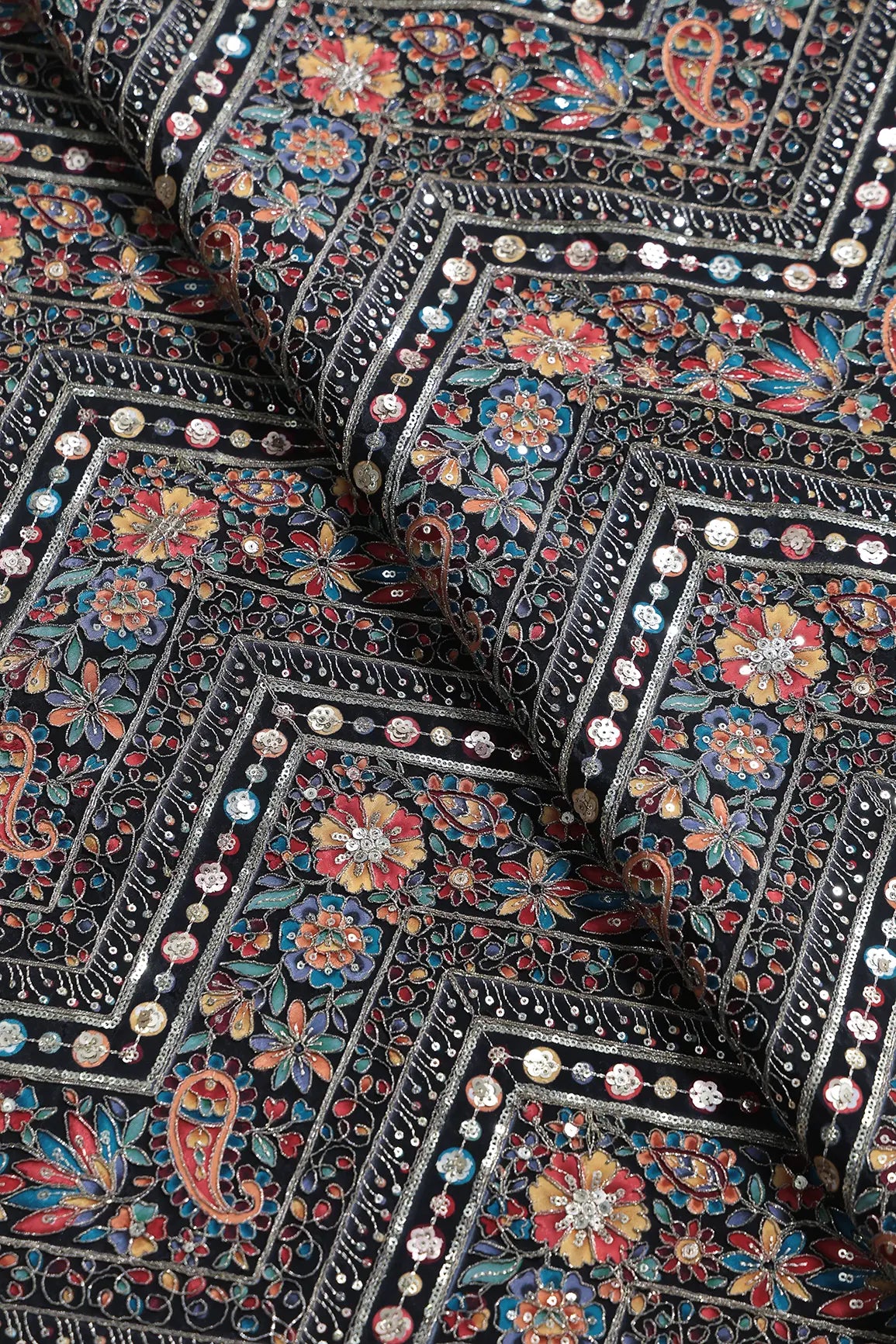 Zari & Sequins With Multi Color Chevron Print Heavy Embroidery Work On Black Pure Crepe Fabric