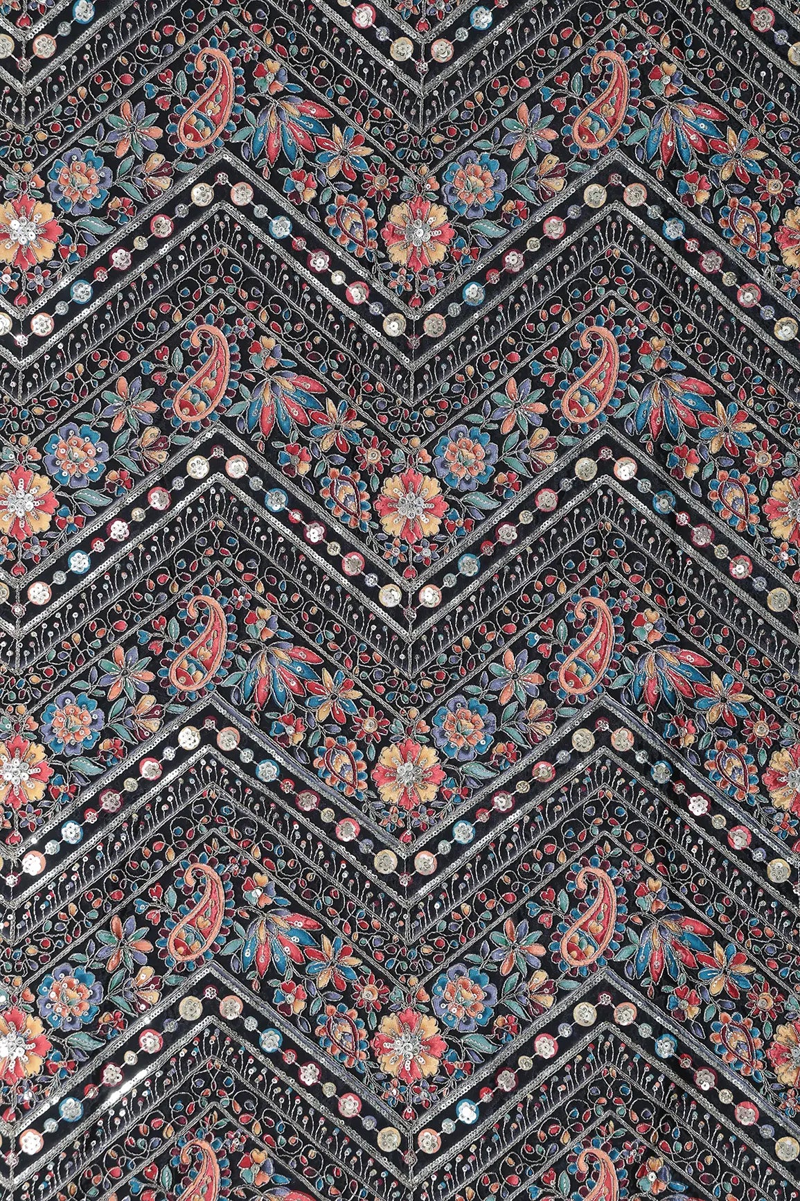 Zari & Sequins With Multi Color Chevron Print Heavy Embroidery Work On Black Pure Crepe Fabric