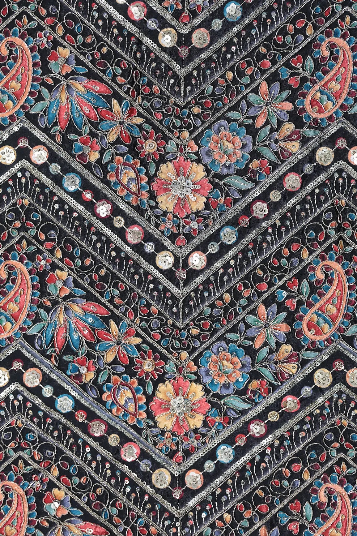 Zari & Sequins With Multi Color Chevron Print Heavy Embroidery Work On Black Pure Crepe Fabric