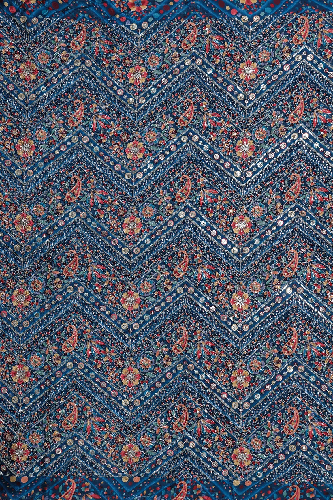 Zari & Sequins With Multi Color Chevron Print Heavy Embroidery Work On Rama Pure Crepe Fabric