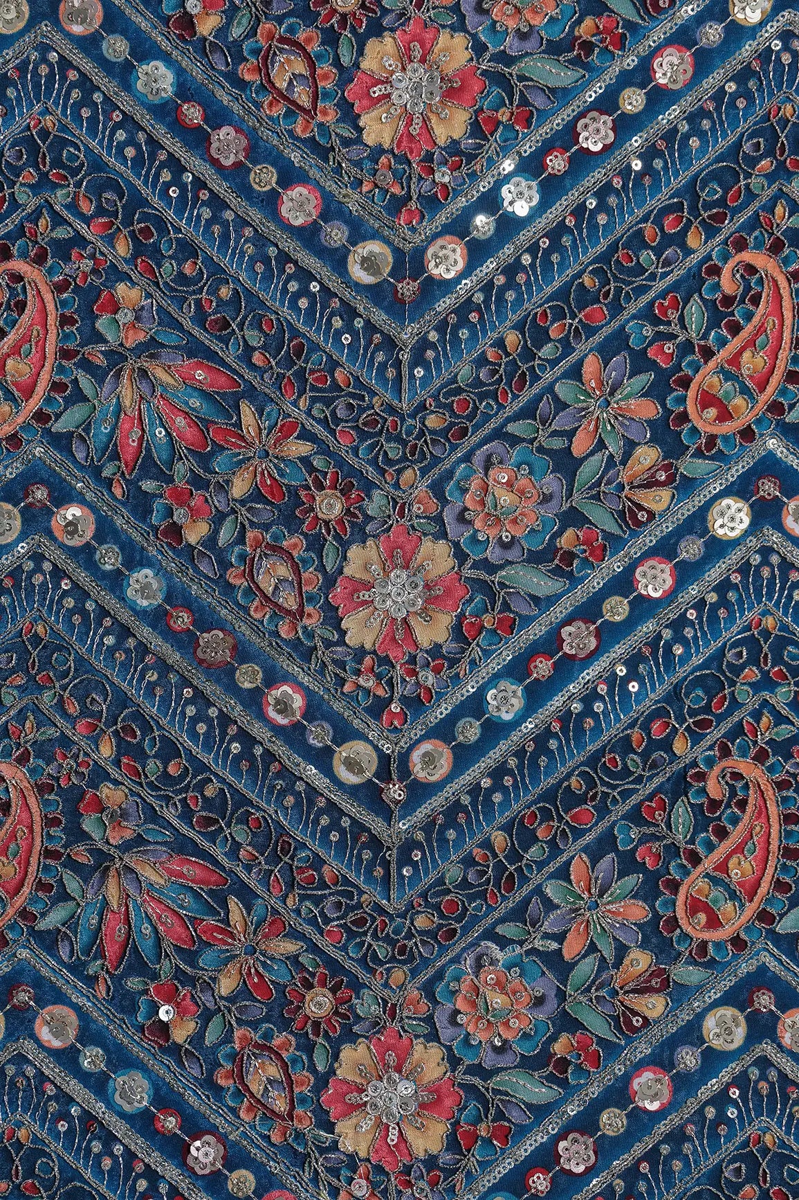 Zari & Sequins With Multi Color Chevron Print Heavy Embroidery Work On Rama Pure Crepe Fabric