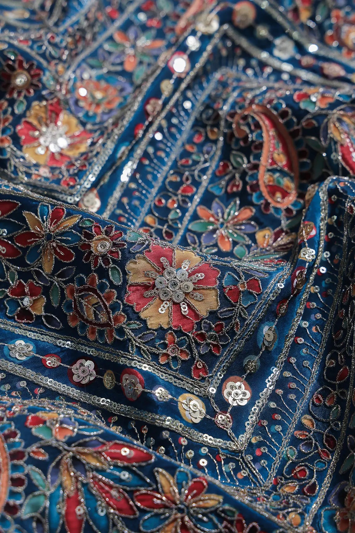 Zari & Sequins With Multi Color Chevron Print Heavy Embroidery Work On Rama Pure Crepe Fabric