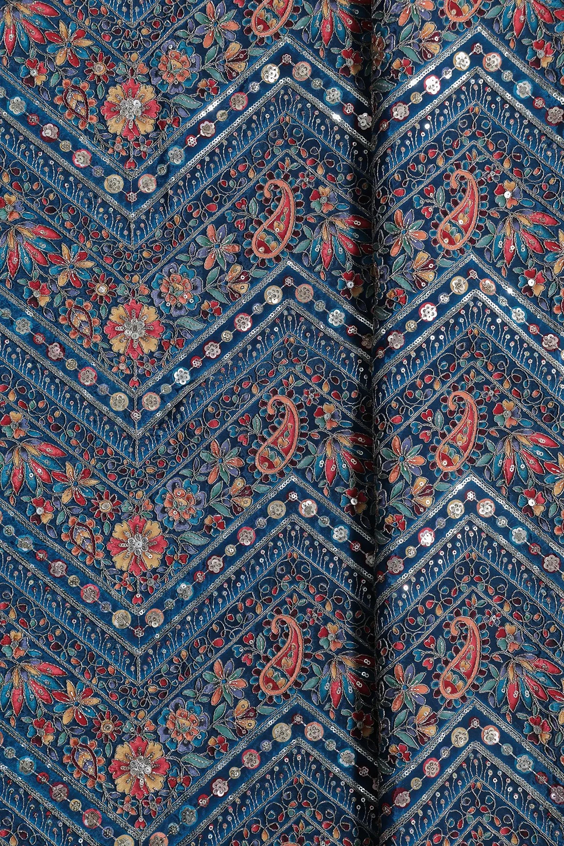 Zari & Sequins With Multi Color Chevron Print Heavy Embroidery Work On Rama Pure Crepe Fabric