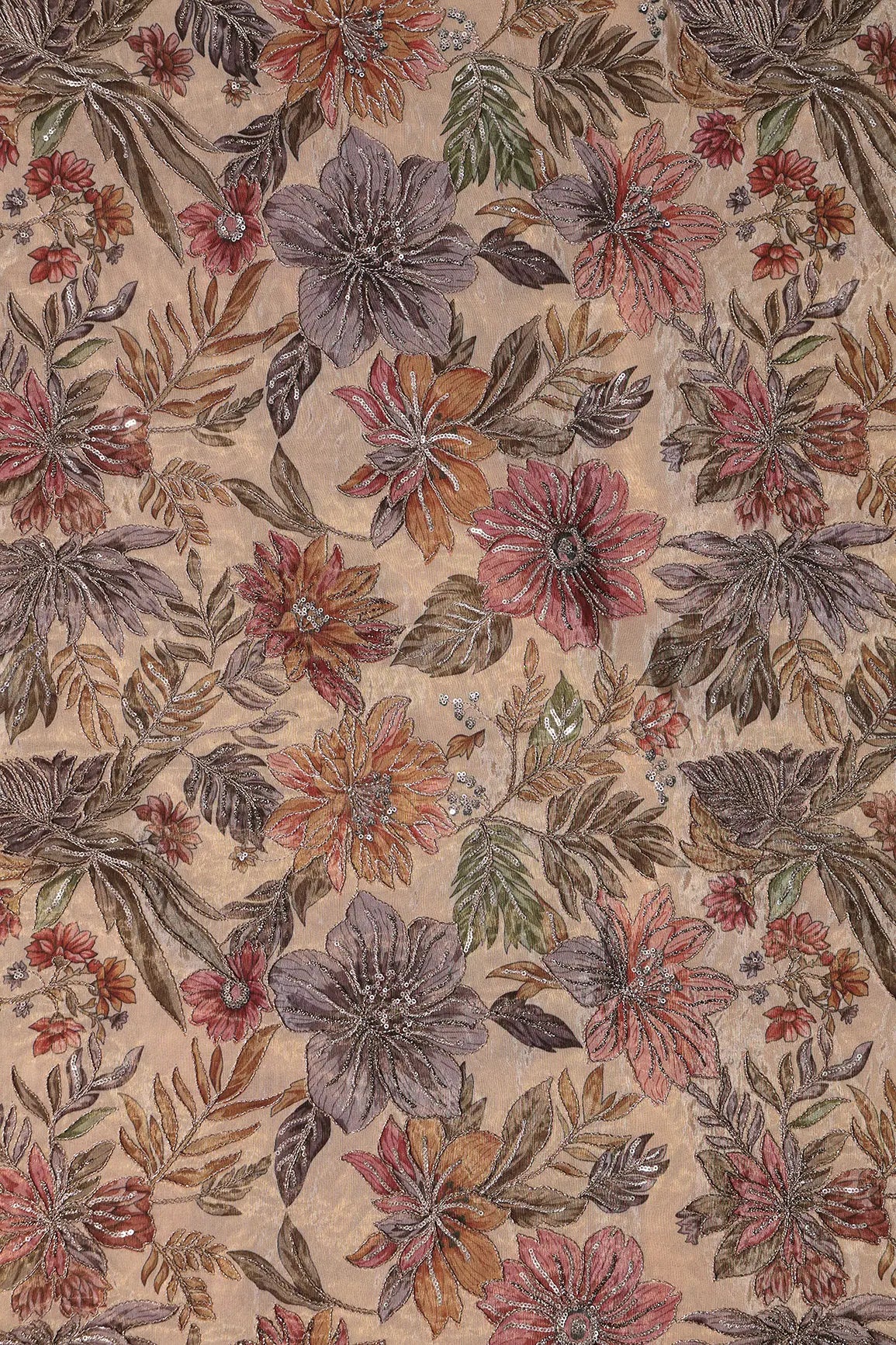 Floral Position Print On Sequins With Zari Embroidery Beige Shiny Viscose Zari Tissue Fabric