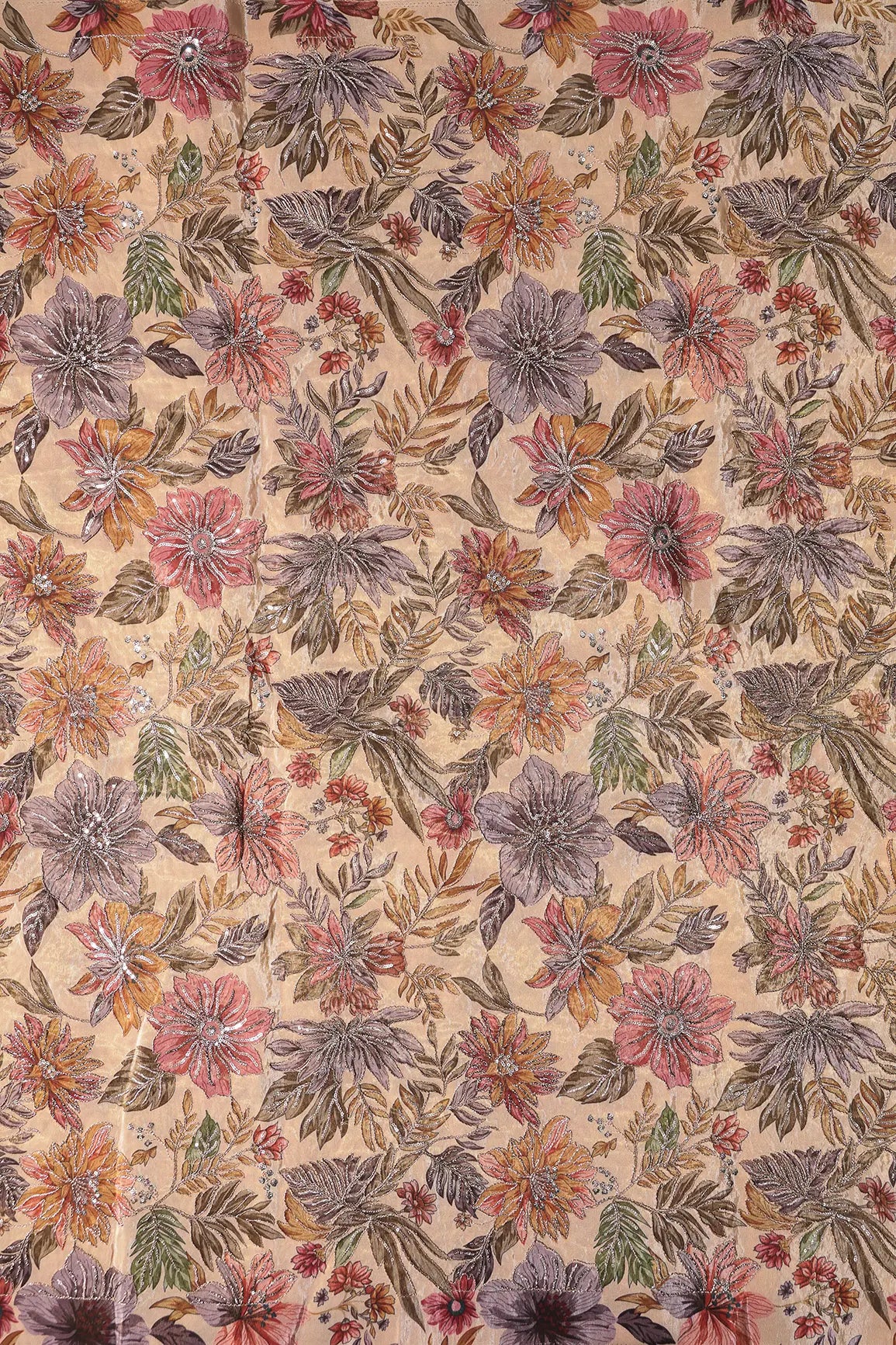 Floral Position Print On Sequins With Zari Embroidery Beige Shiny Viscose Zari Tissue Fabric