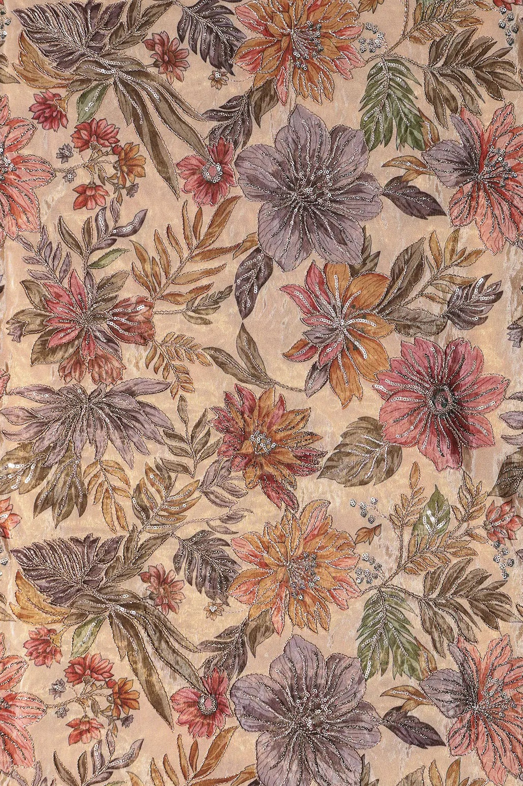 Floral Position Print On Sequins With Zari Embroidery Beige Shiny Viscose Zari Tissue Fabric
