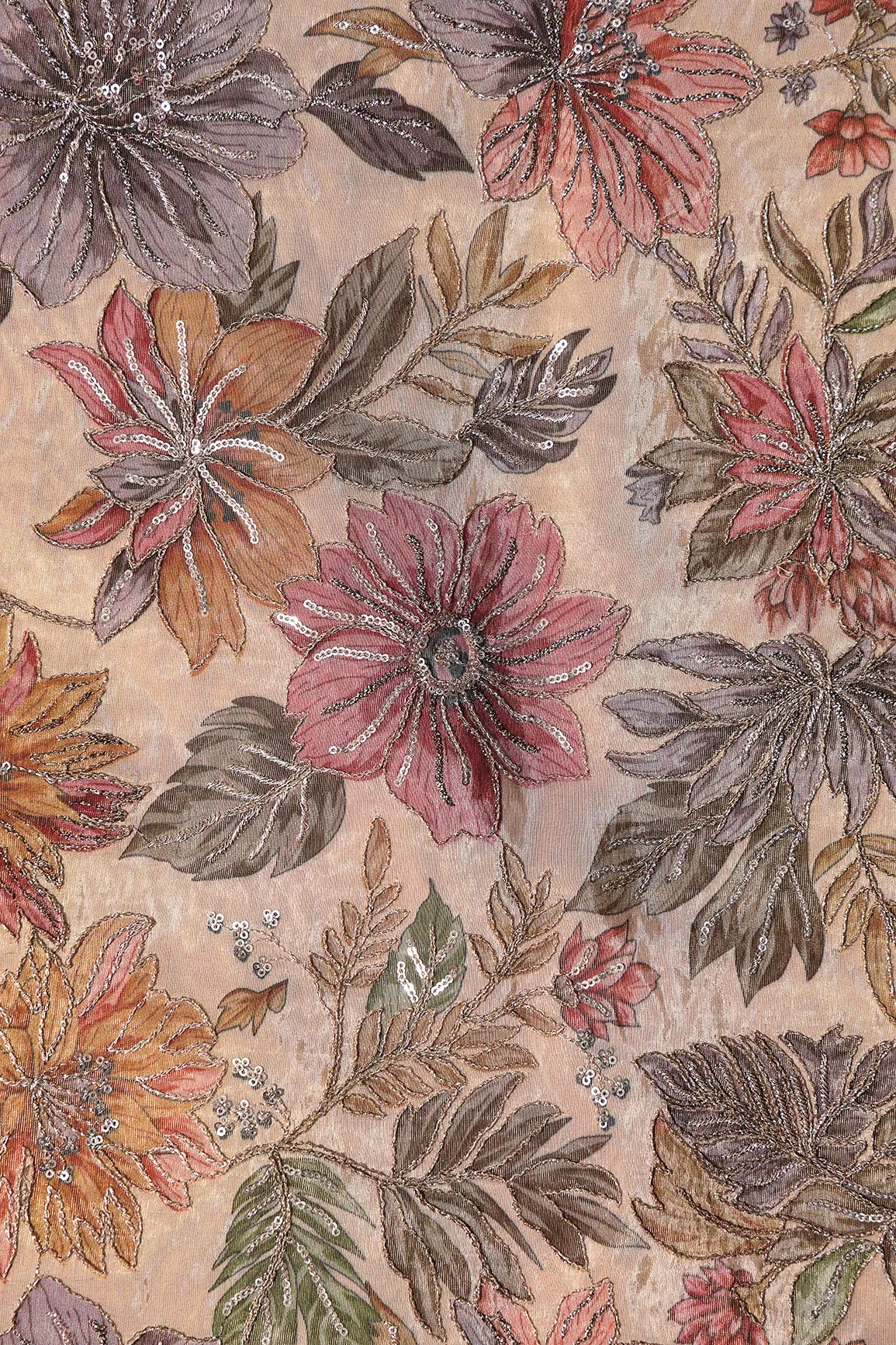 Floral Position Print On Sequins With Zari Embroidery Beige Shiny Viscose Zari Tissue Fabric