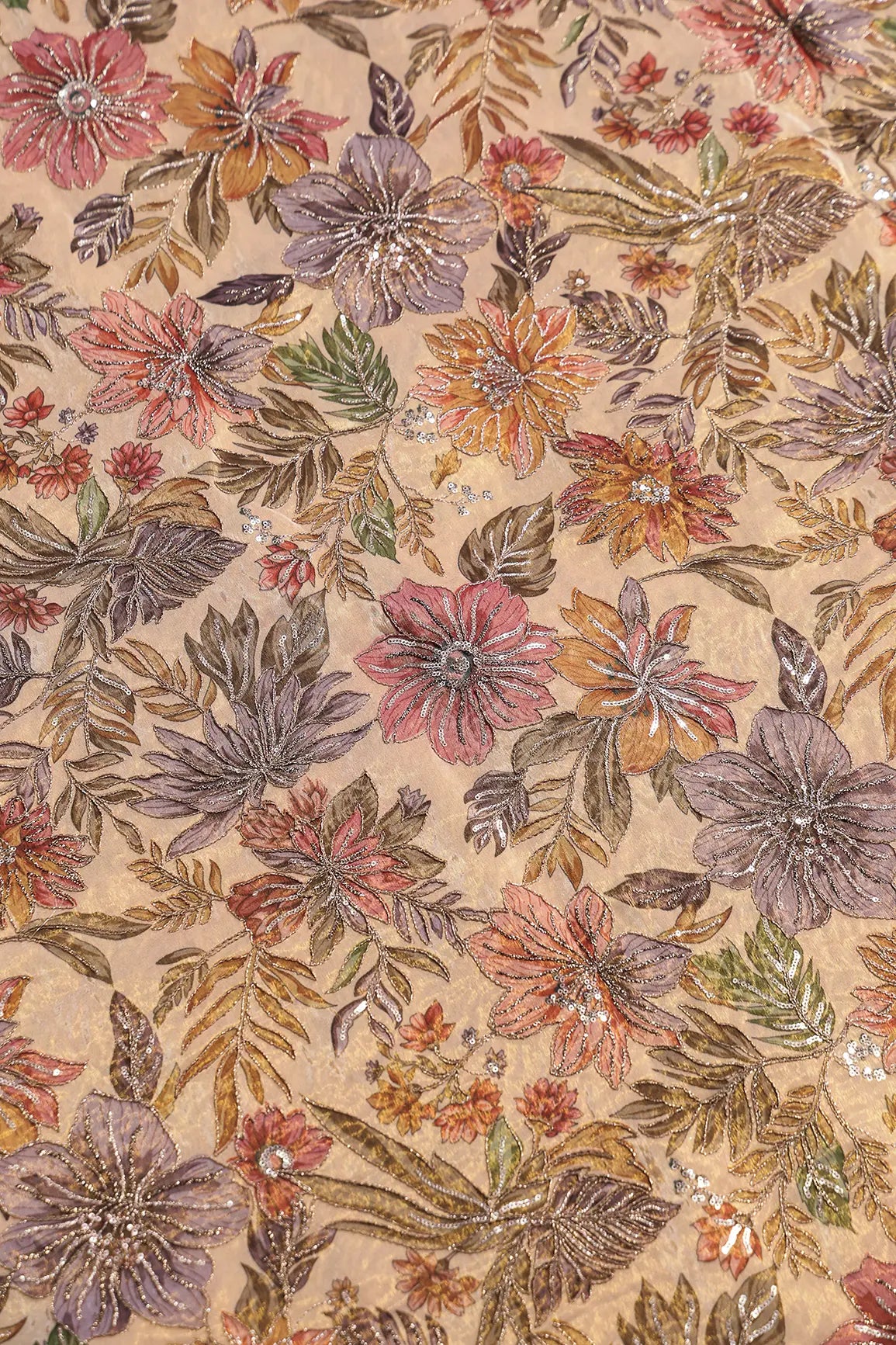 Floral Position Print On Sequins With Zari Embroidery Beige Shiny Viscose Zari Tissue Fabric