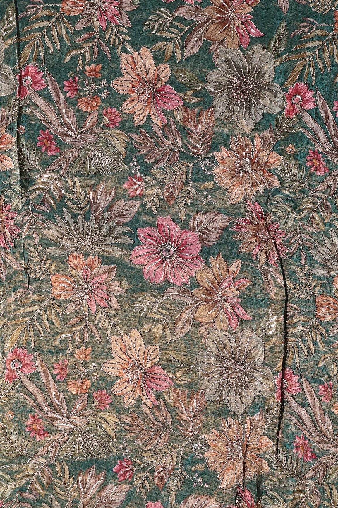 Floral Position Print On Sequins With Zari Embroidery Peacock Green Shiny Viscose Zari Tissue Fabric