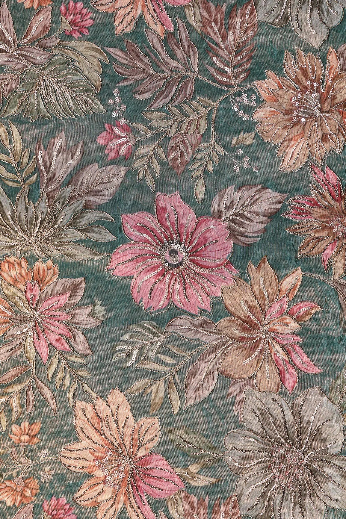 Floral Position Print On Sequins With Zari Embroidery Peacock Green Shiny Viscose Zari Tissue Fabric