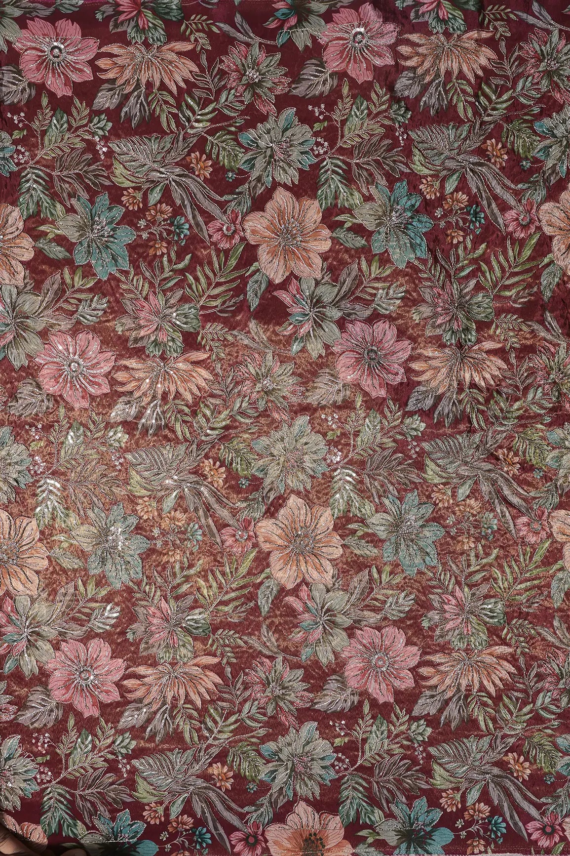 Floral Position Print On Sequins With Zari Embroidery Maroon Shiny Viscose Zari Tissue Fabric