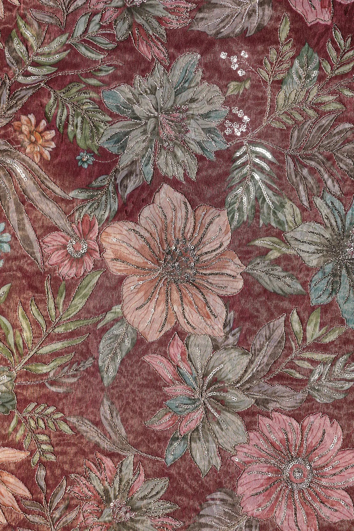 Floral Position Print On Sequins With Zari Embroidery Maroon Shiny Viscose Zari Tissue Fabric