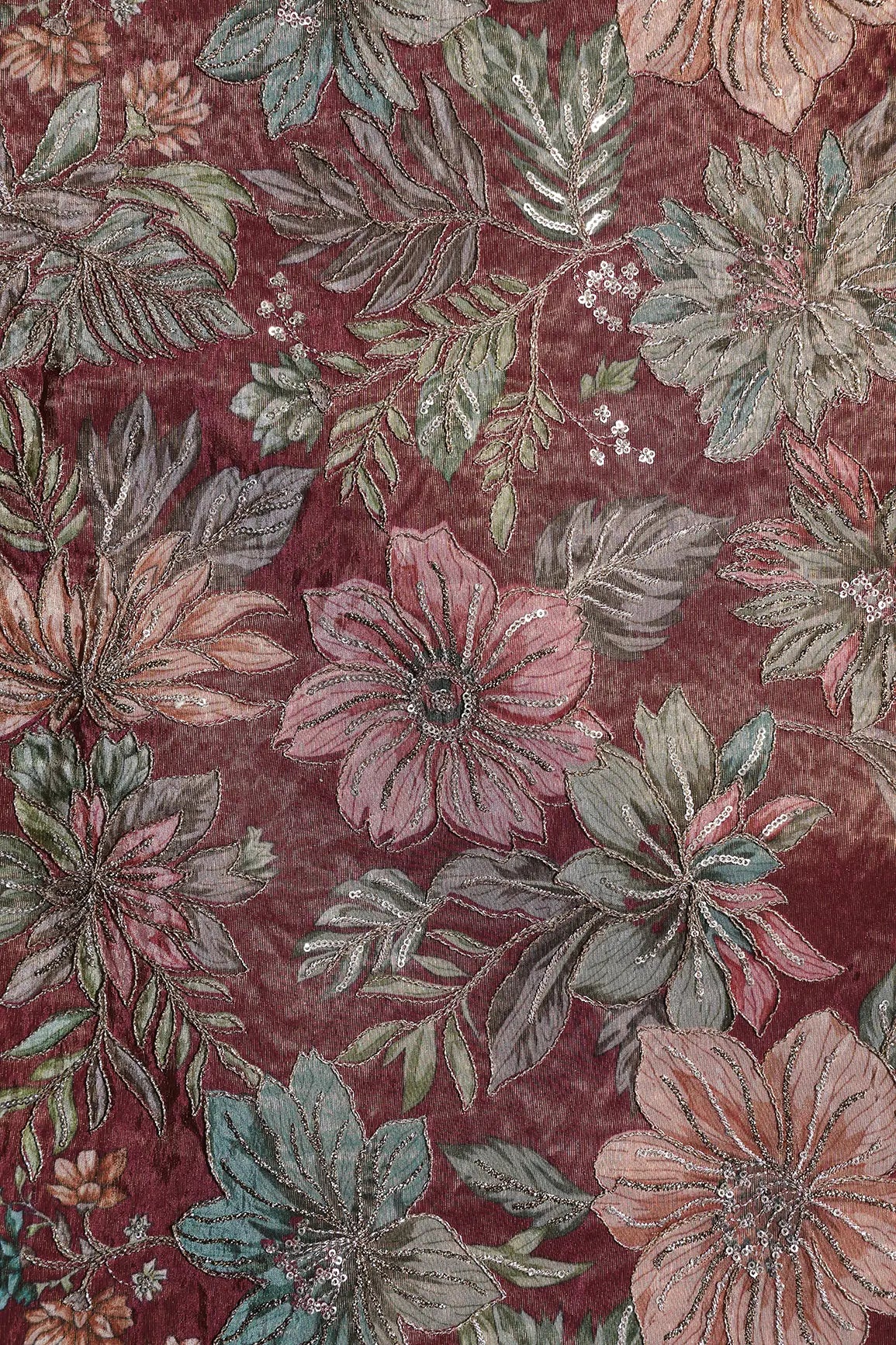 Floral Position Print On Sequins With Zari Embroidery Maroon Shiny Viscose Zari Tissue Fabric