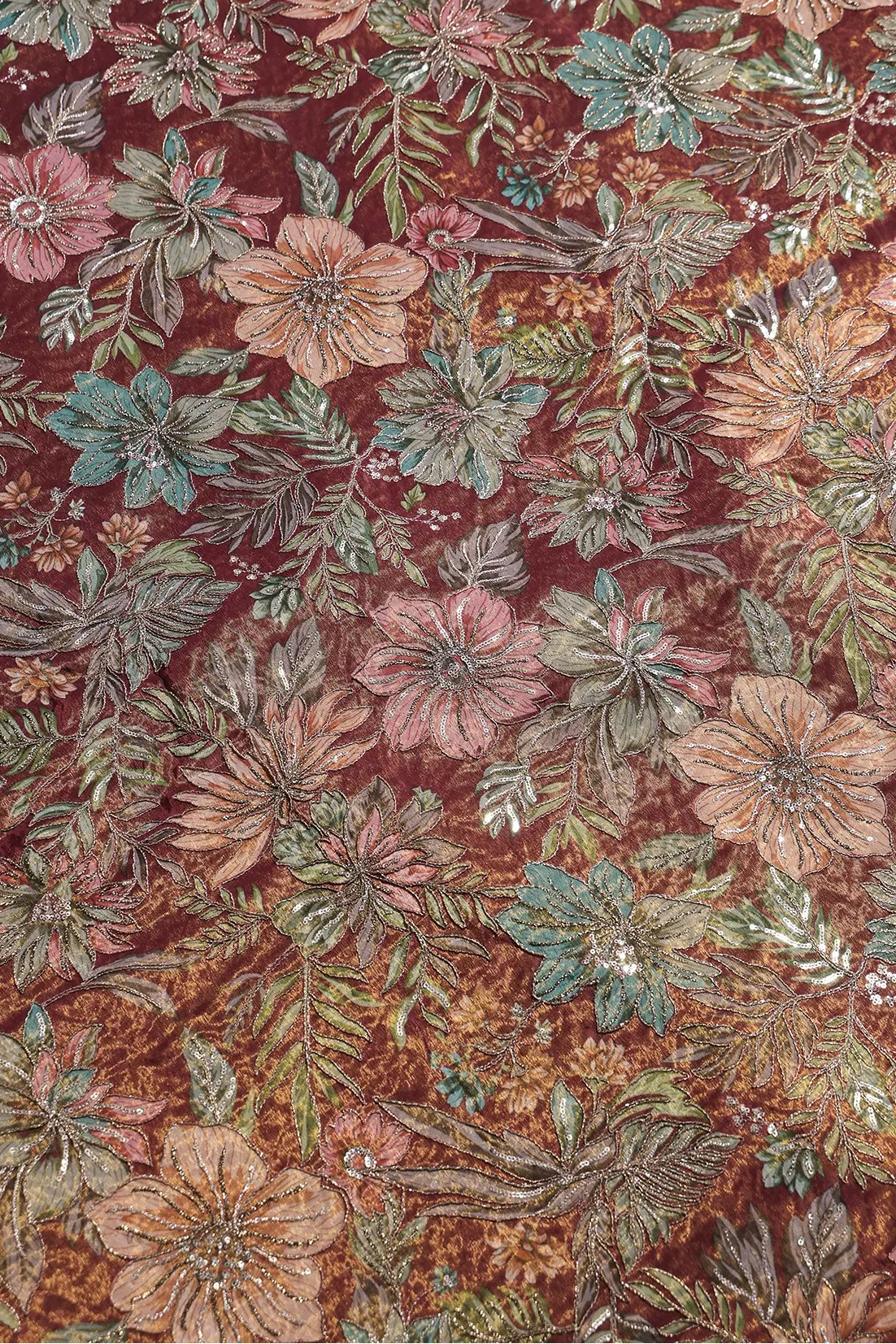 Floral Position Print On Sequins With Zari Embroidery Maroon Shiny Viscose Zari Tissue Fabric