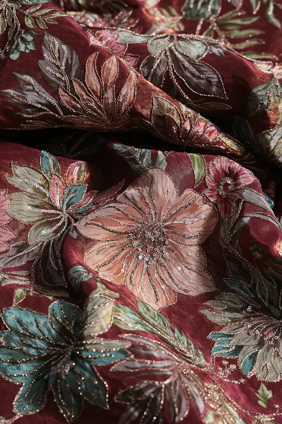 Floral Position Print On Sequins With Zari Embroidery Maroon Shiny Viscose Zari Tissue Fabric