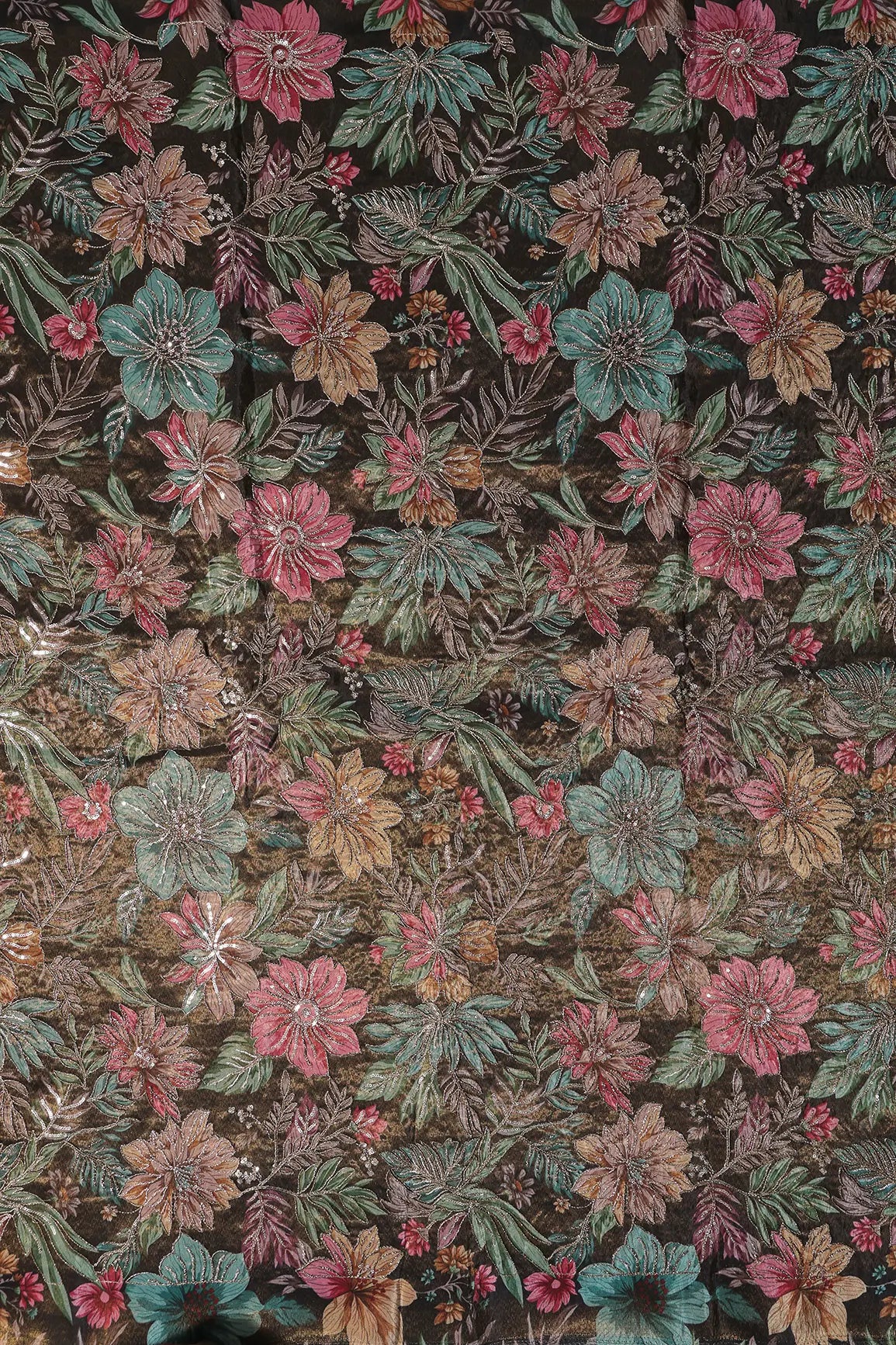 Floral Position Print With Embroidery On Dark Mehendi Green Viscose Zari Tissue Fabric