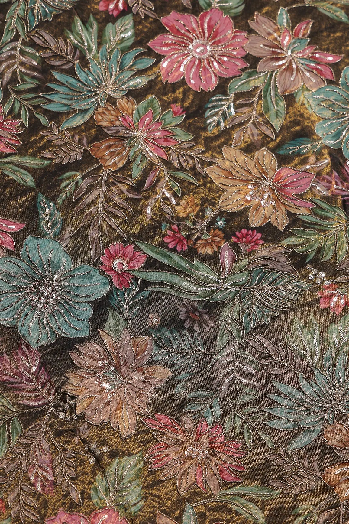 Floral Position Print With Embroidery On Dark Mehendi Green Viscose Zari Tissue Fabric