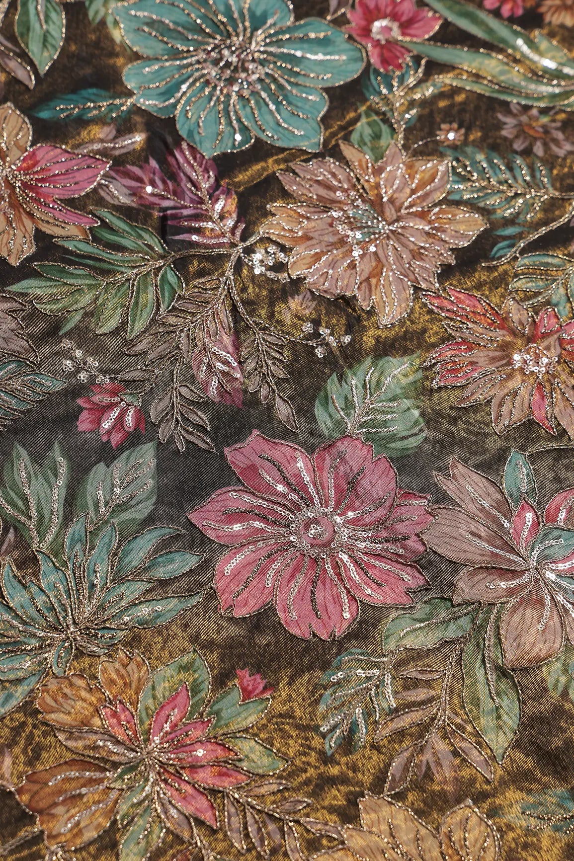 Floral Position Print With Embroidery On Dark Mehendi Green Viscose Zari Tissue Fabric