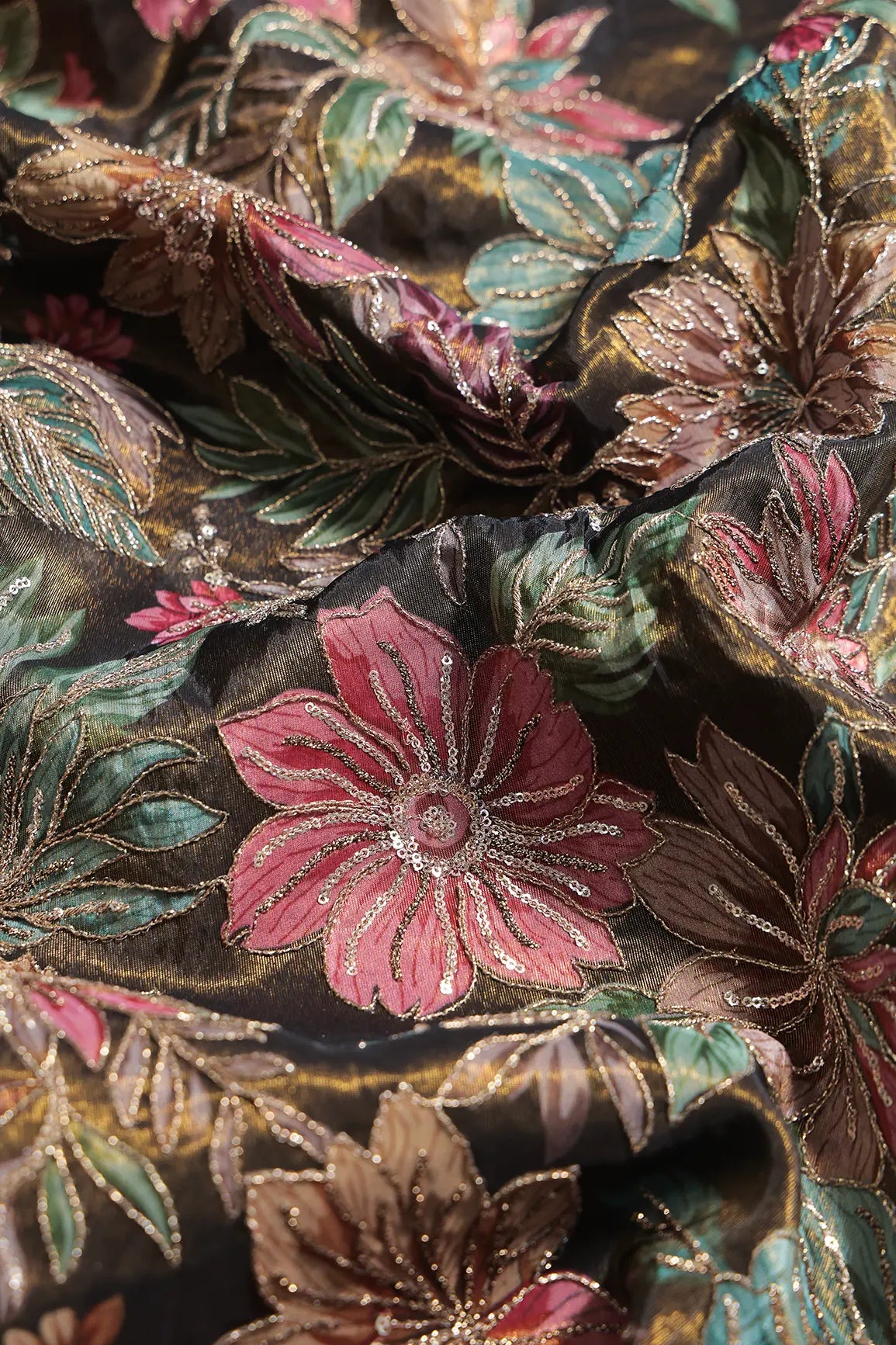 Floral Position Print On Sequins With Zari Embroidery Dark Mehendi Green Shiny Viscose Zari Tissue Fabric
