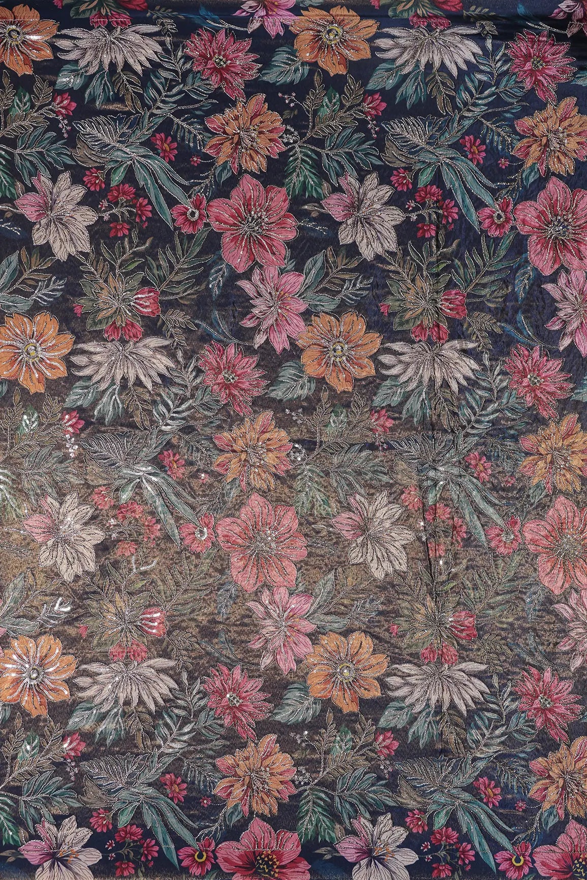 Floral Position Print On Sequins With Zari Embroidery Navy Blue Shiny Viscose Zari Tissue Fabric