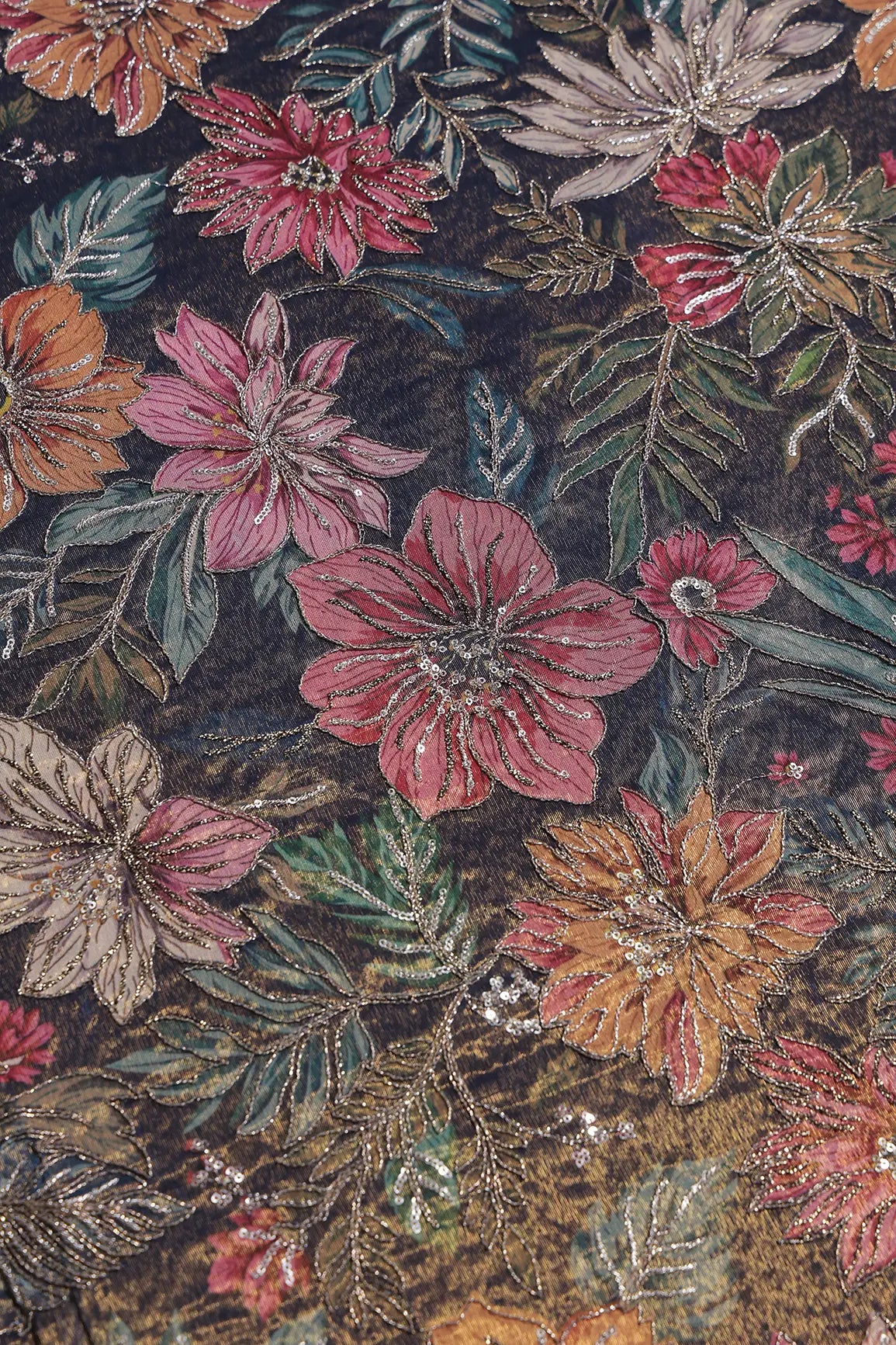 Floral Position Print On Sequins With Zari Embroidery Navy Blue Shiny Viscose Zari Tissue Fabric