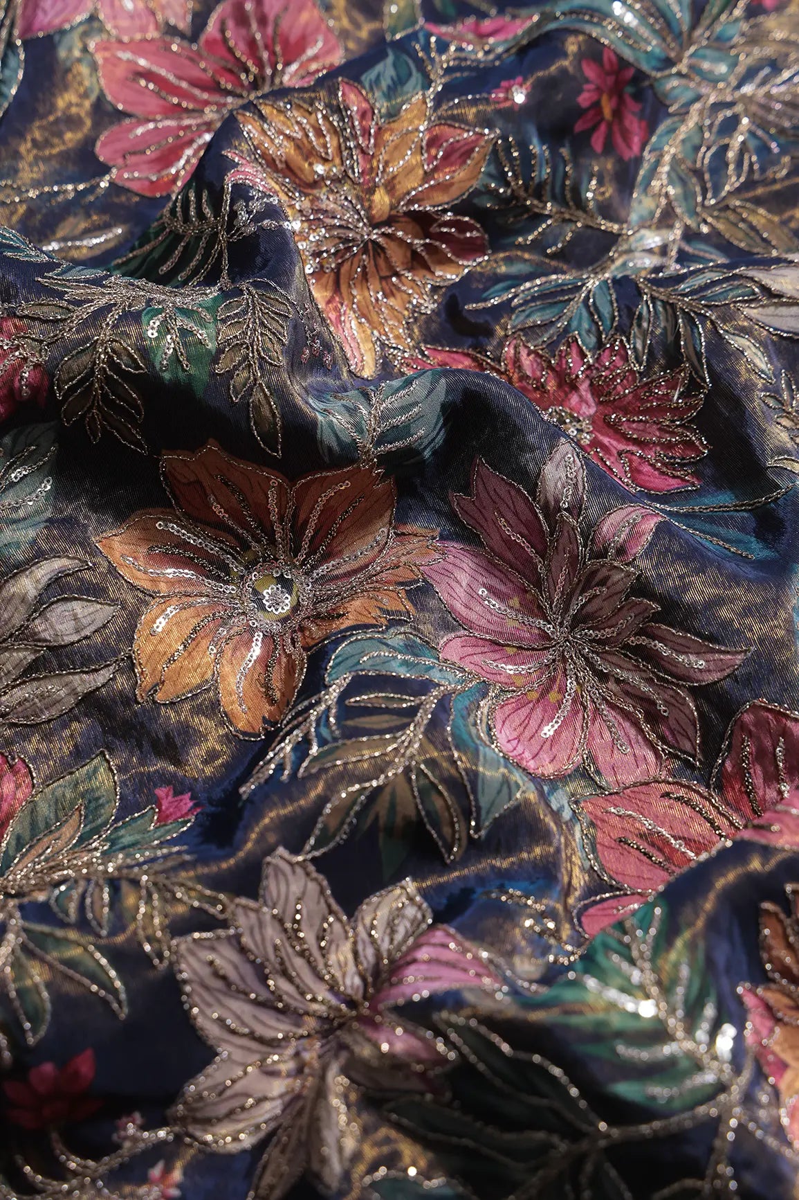 Floral Position Print On Sequins With Zari Embroidery Navy Blue Shiny Viscose Zari Tissue Fabric
