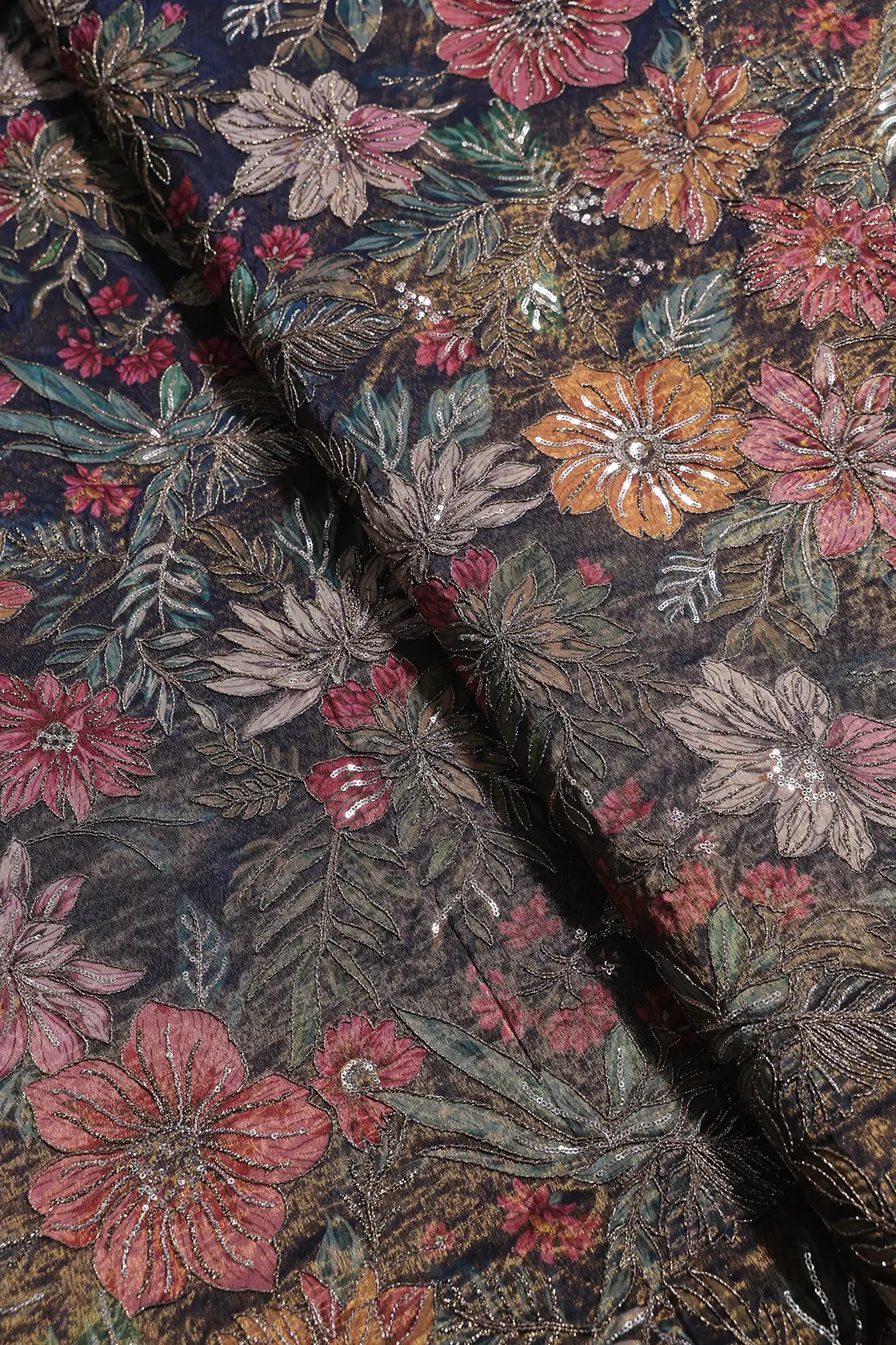 Floral Position Print On Sequins With Zari Embroidery Navy Blue Shiny Viscose Zari Tissue Fabric