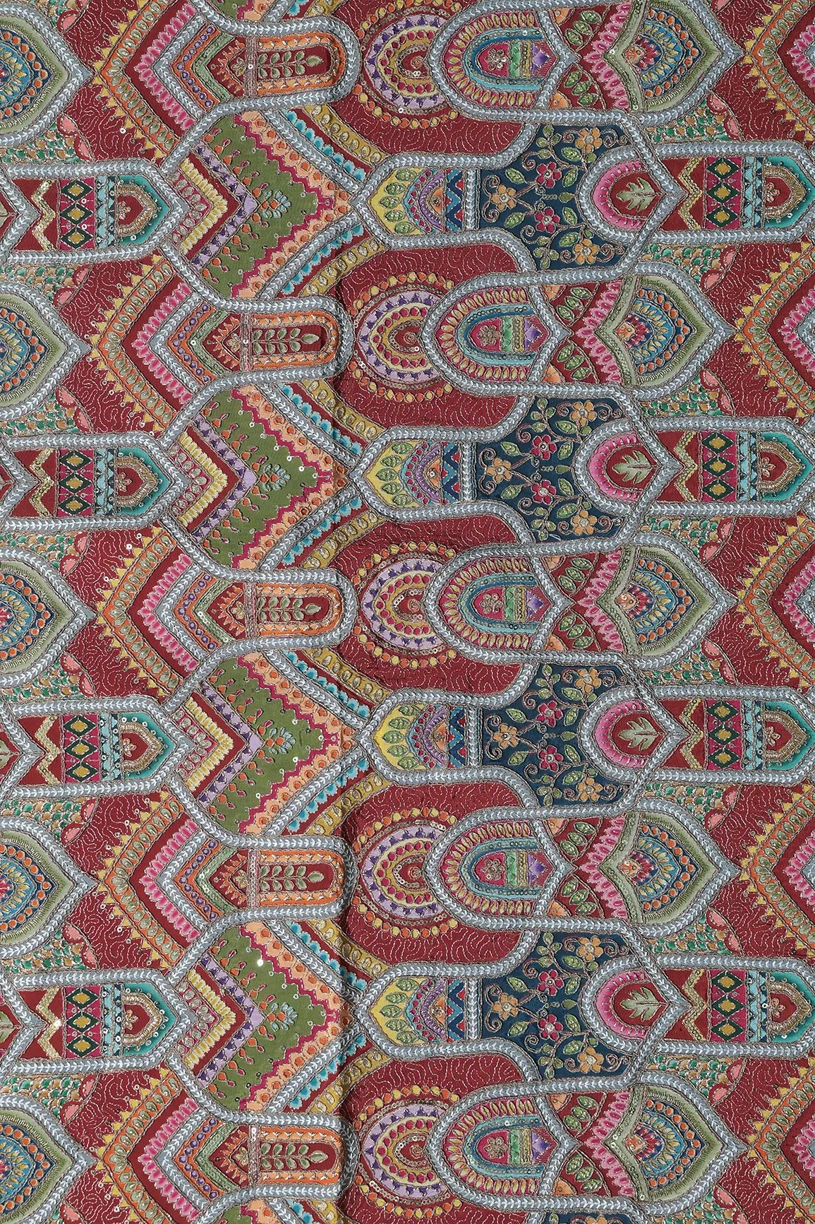 Zari & Sequins With Multi Color Geometric Print Heavy Embroidery Work On Maroon Pure Crepe Fabric