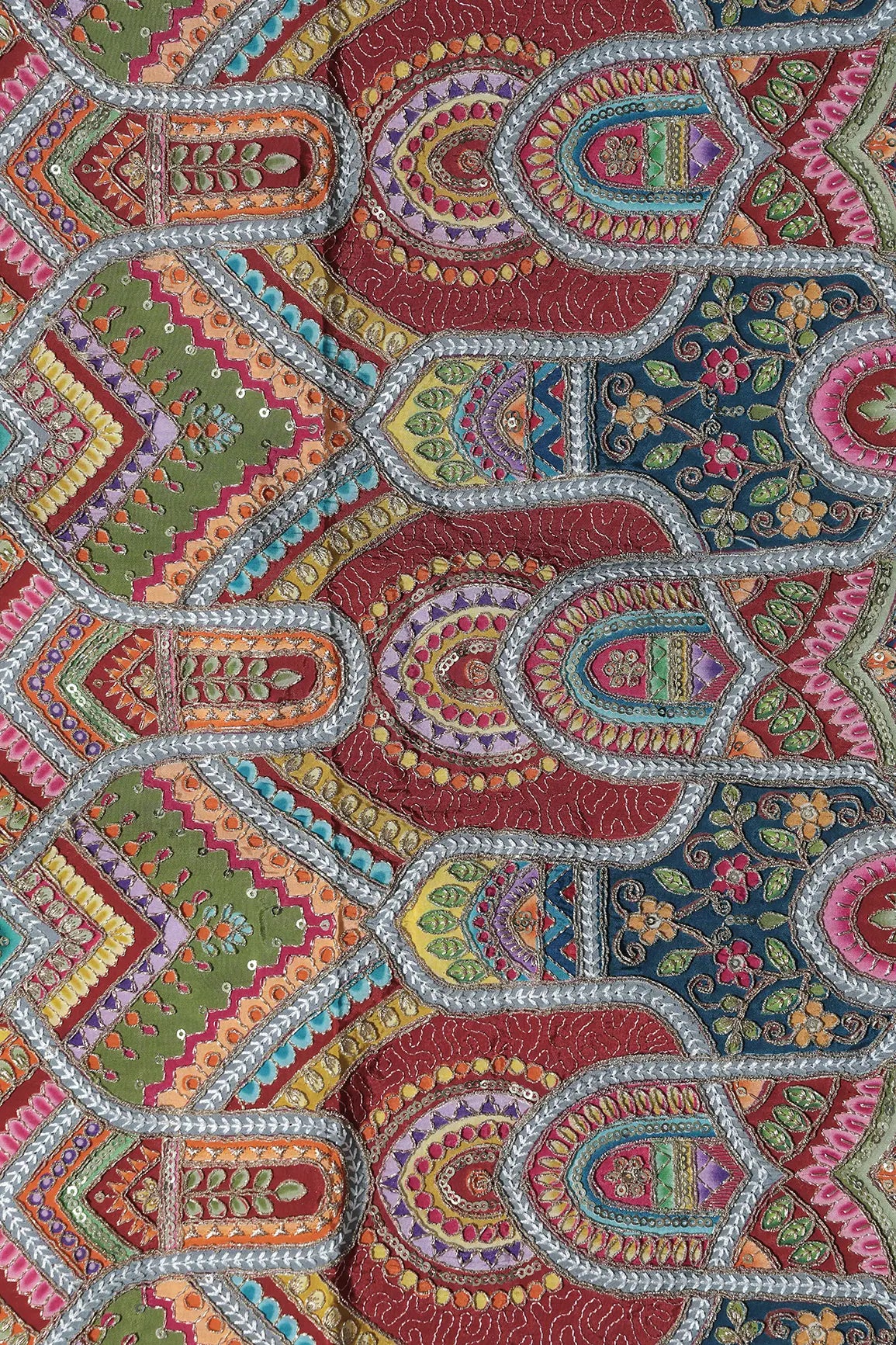Zari & Sequins With Multi Color Geometric Print Heavy Embroidery Work On Maroon Pure Crepe Fabric